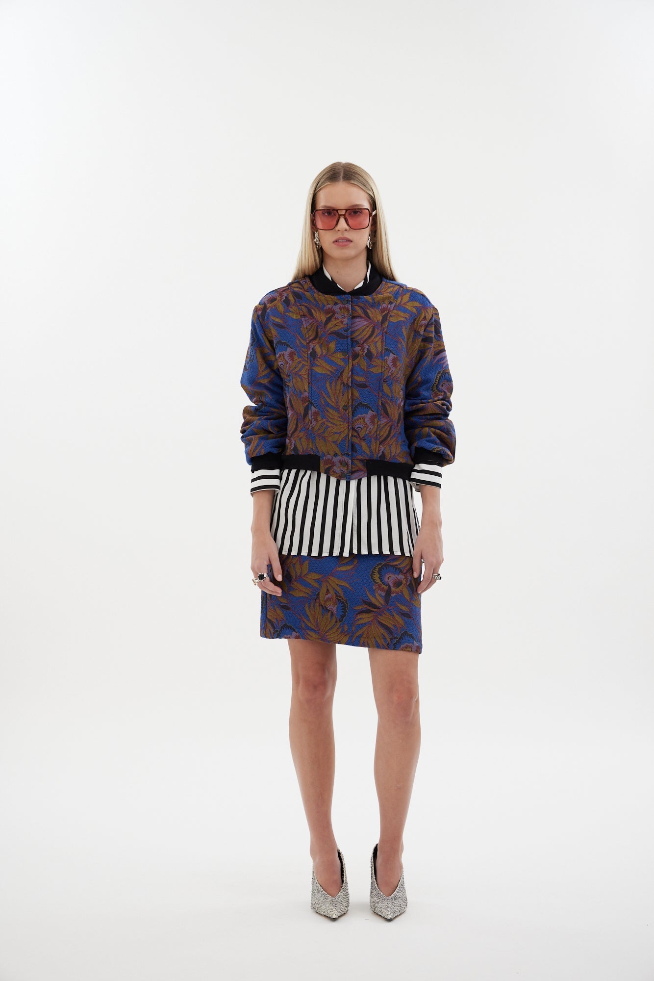 The Florence Skirt by Racket - a fully lined floral jacquard mini with concealed zip and refined shaping. Pair with the Florence Bomber. Made in NZ.