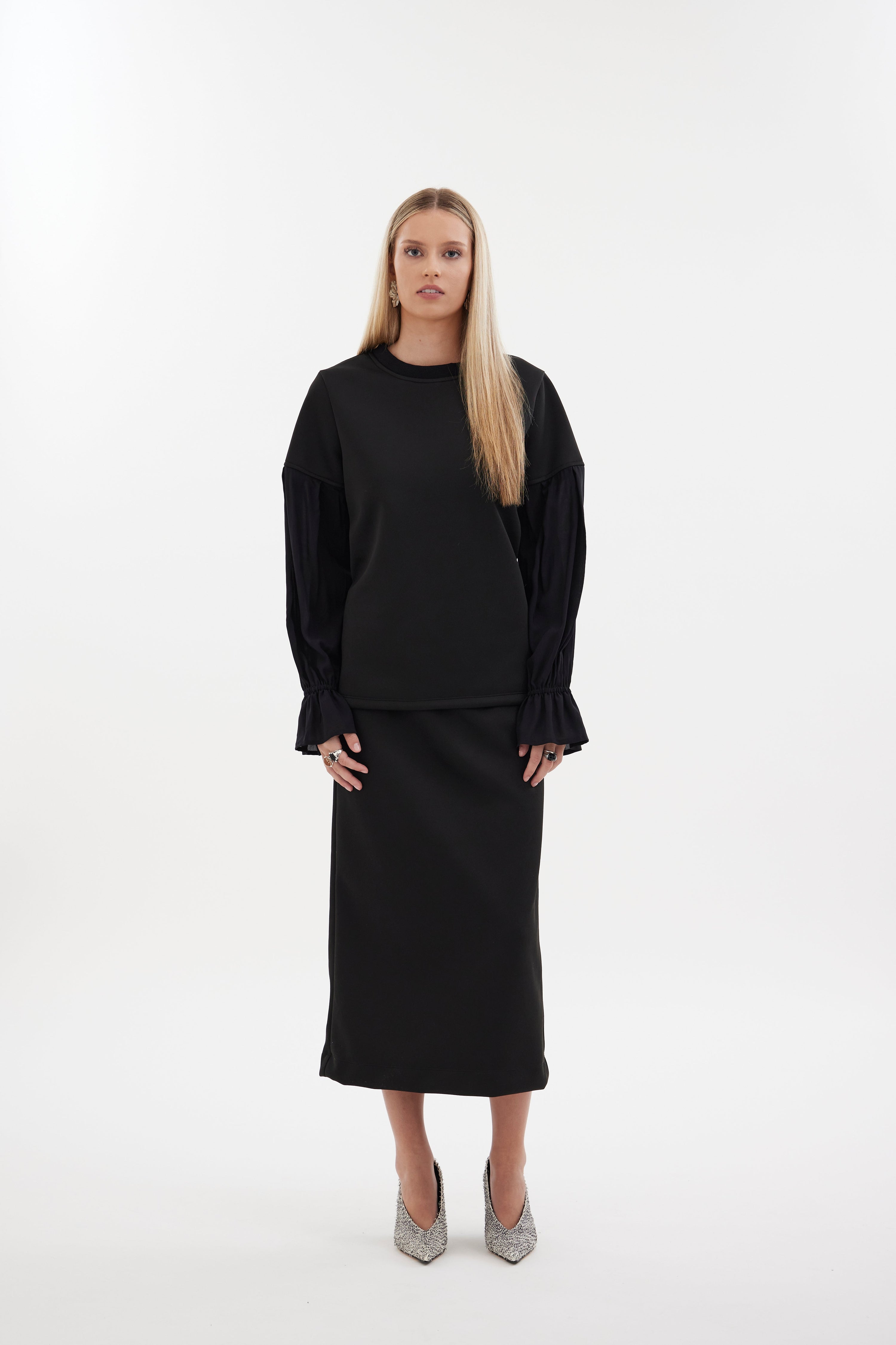The Flux Top by Racket - a relaxed sweat-shirting top with contrast bell sleeves and elastic cuffs. Pair with the Flux Skirt or denim. Made in NZ.