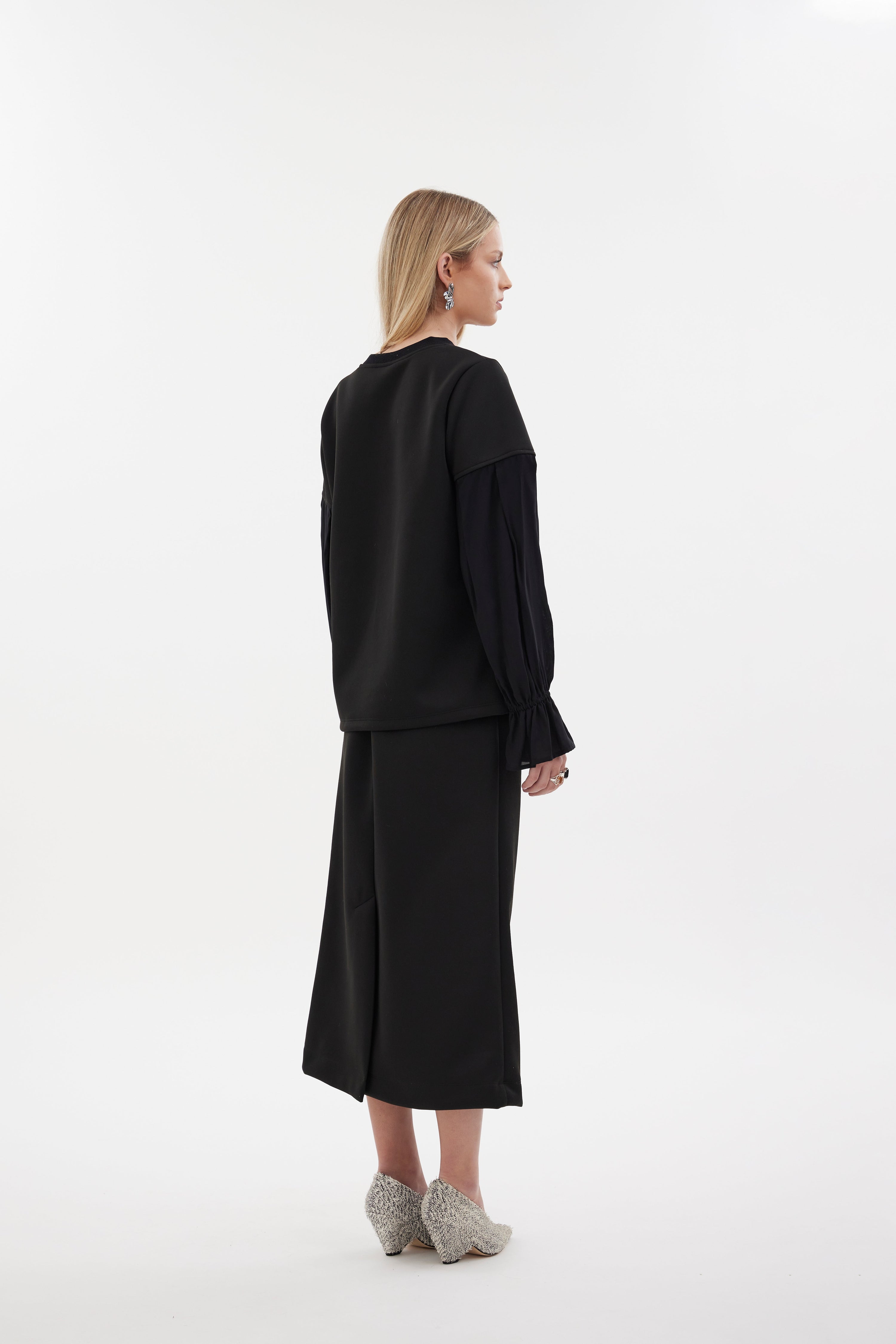The Flux Top by Racket - a relaxed sweat-shirting top with contrast bell sleeves and elastic cuffs. Pair with the Flux Skirt or denim. Made in NZ.
