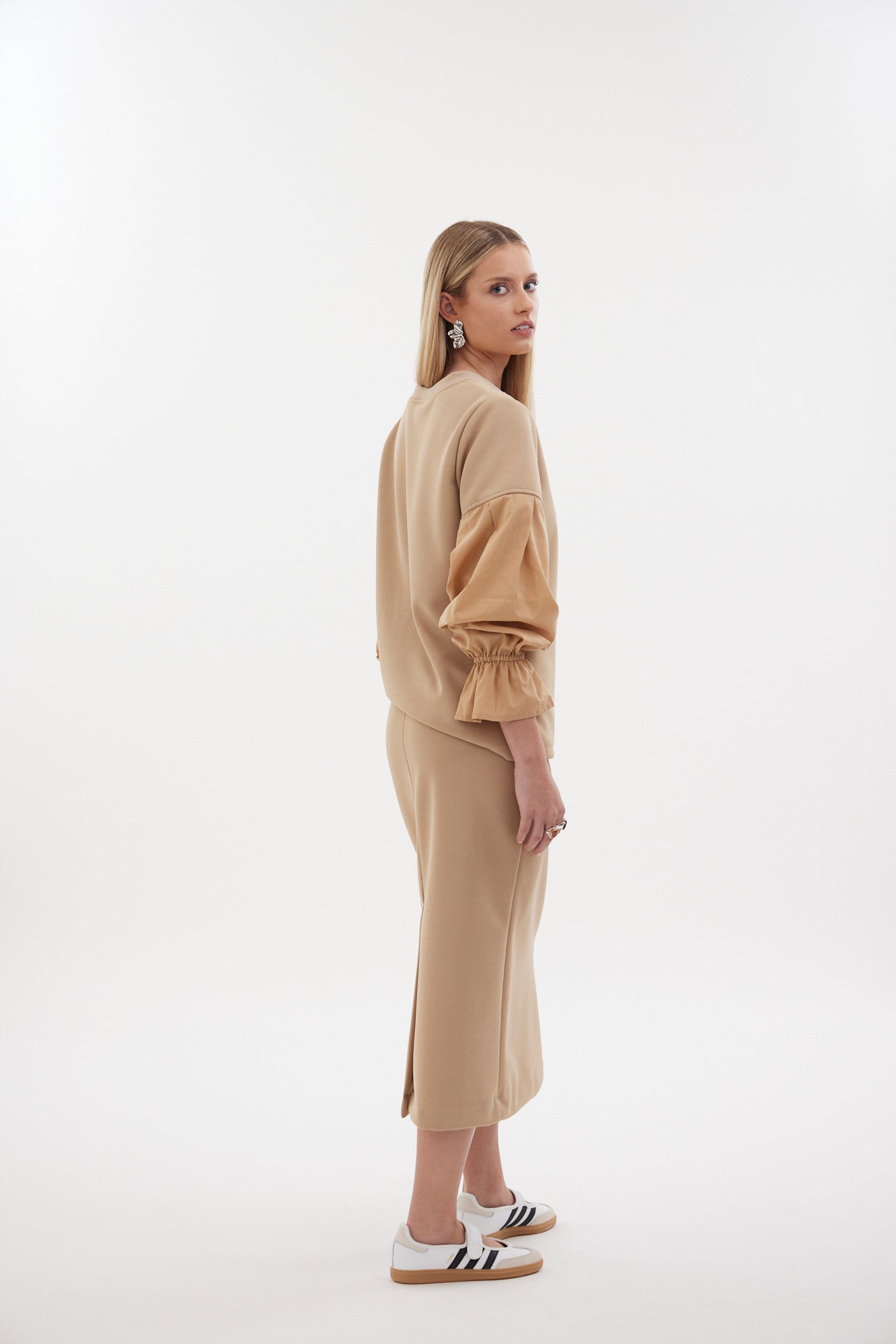 The Flux Skirt by Racket - a midi sweat-shirting skirt with honeycomb texture, elastic waist and back vent. Pair with the Flux Top. Made in NZ.