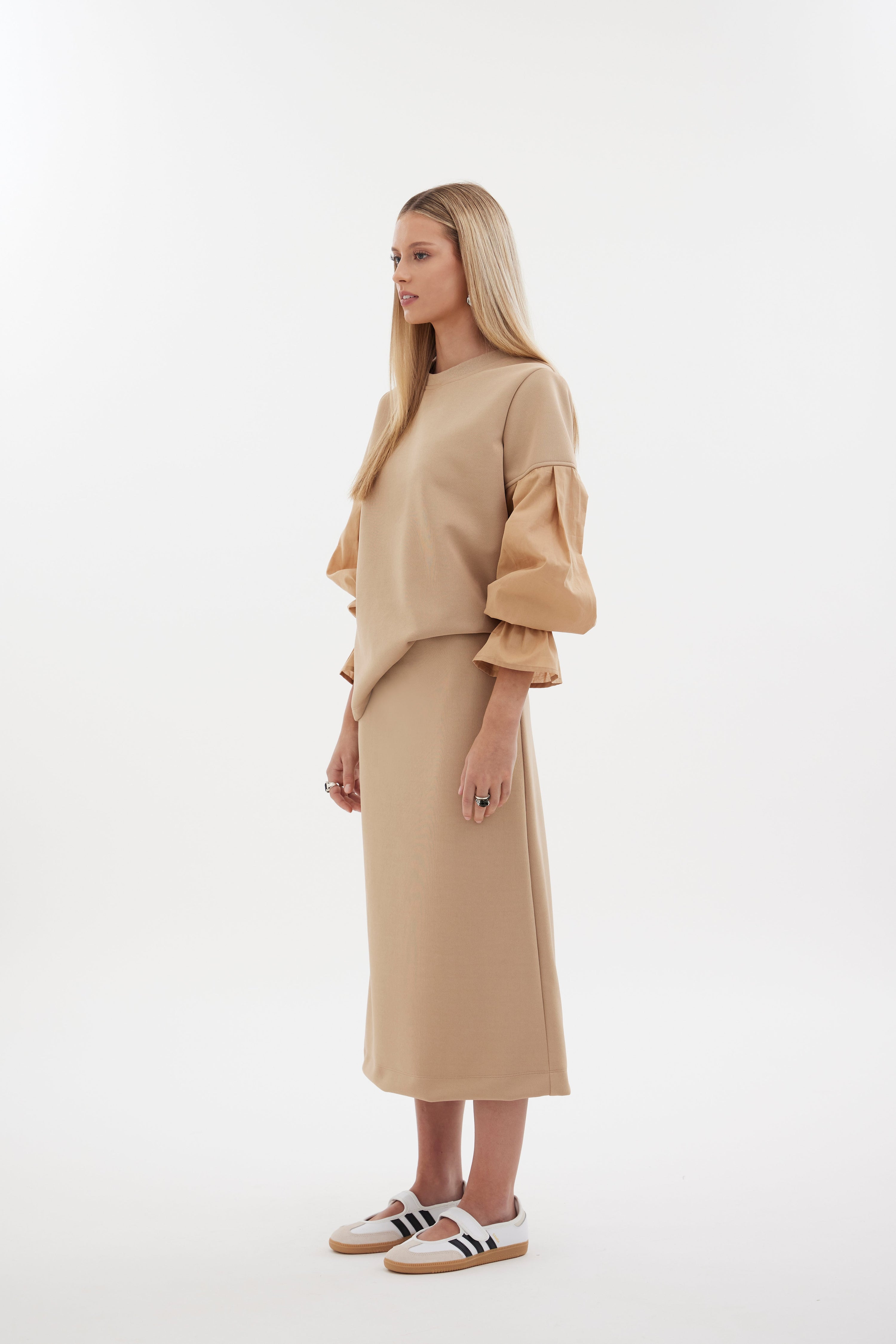 The Flux Top by Racket - a relaxed sweat-shirting top with contrast bell sleeves and elastic cuffs. Pair with the Flux Skirt or denim. Made in NZ.