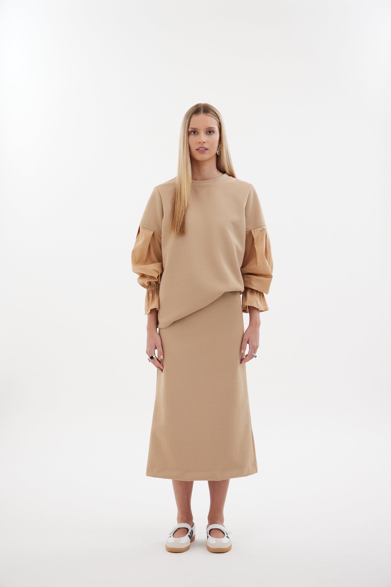 The Flux Skirt by Racket - a midi sweat-shirting skirt with honeycomb texture, elastic waist and back vent. Pair with the Flux Top. Made in NZ.
