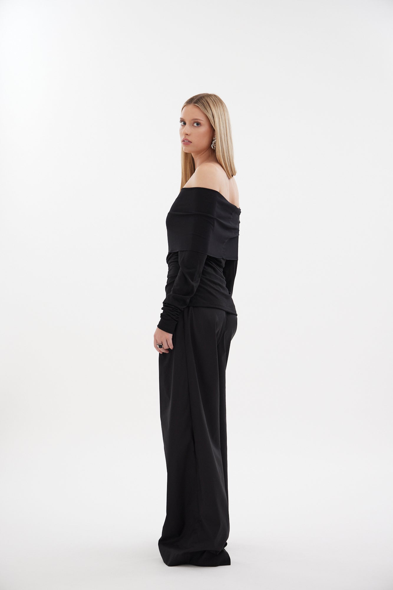 The Halo Top by Racket - a 100% merino off shoulder knit with contrast mesh band. Feminine, modern and versatile. Designed and made in NZ.