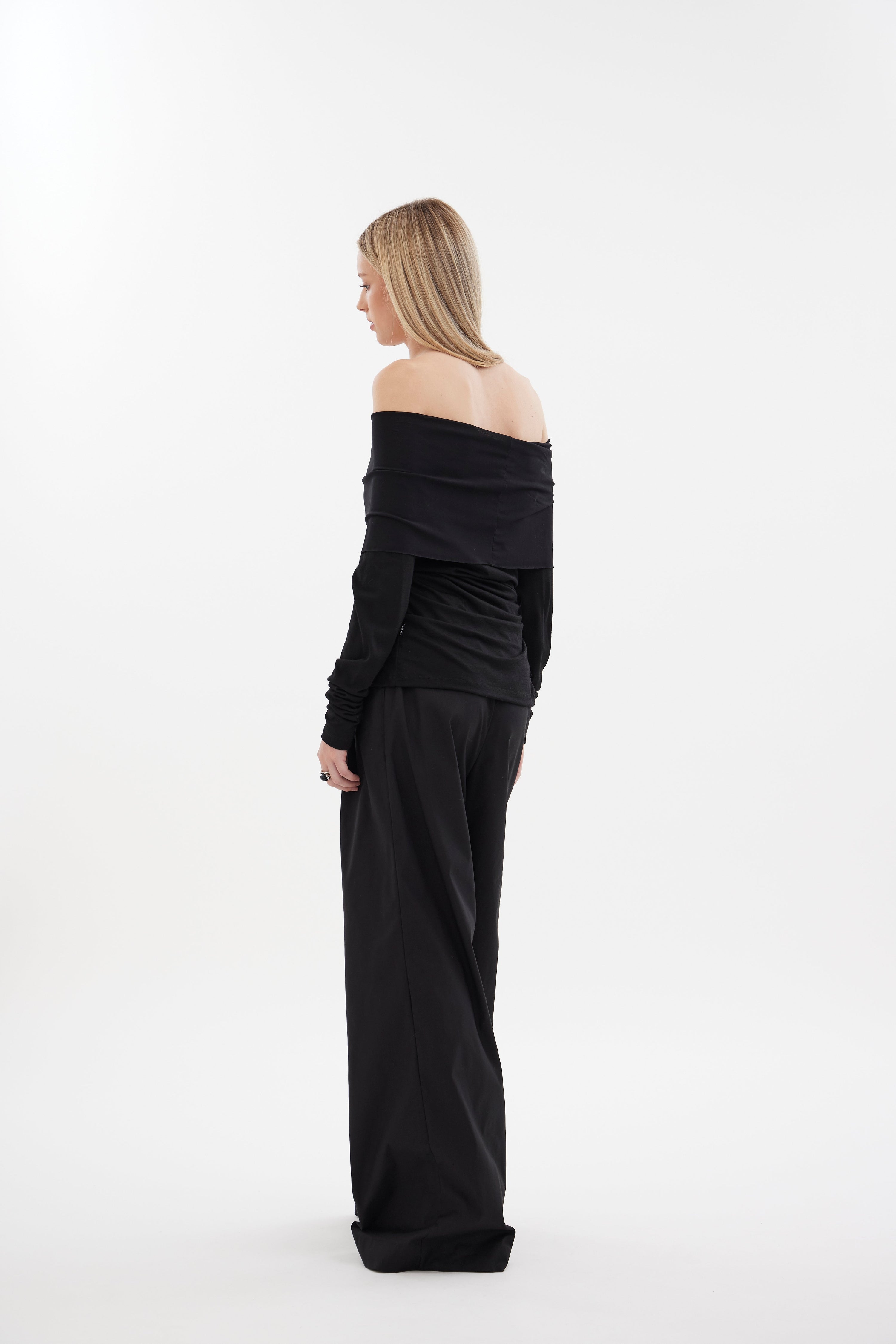 The Halo Top by Racket - a 100% merino off shoulder knit with contrast mesh band. Feminine, modern and versatile. Designed and made in NZ.