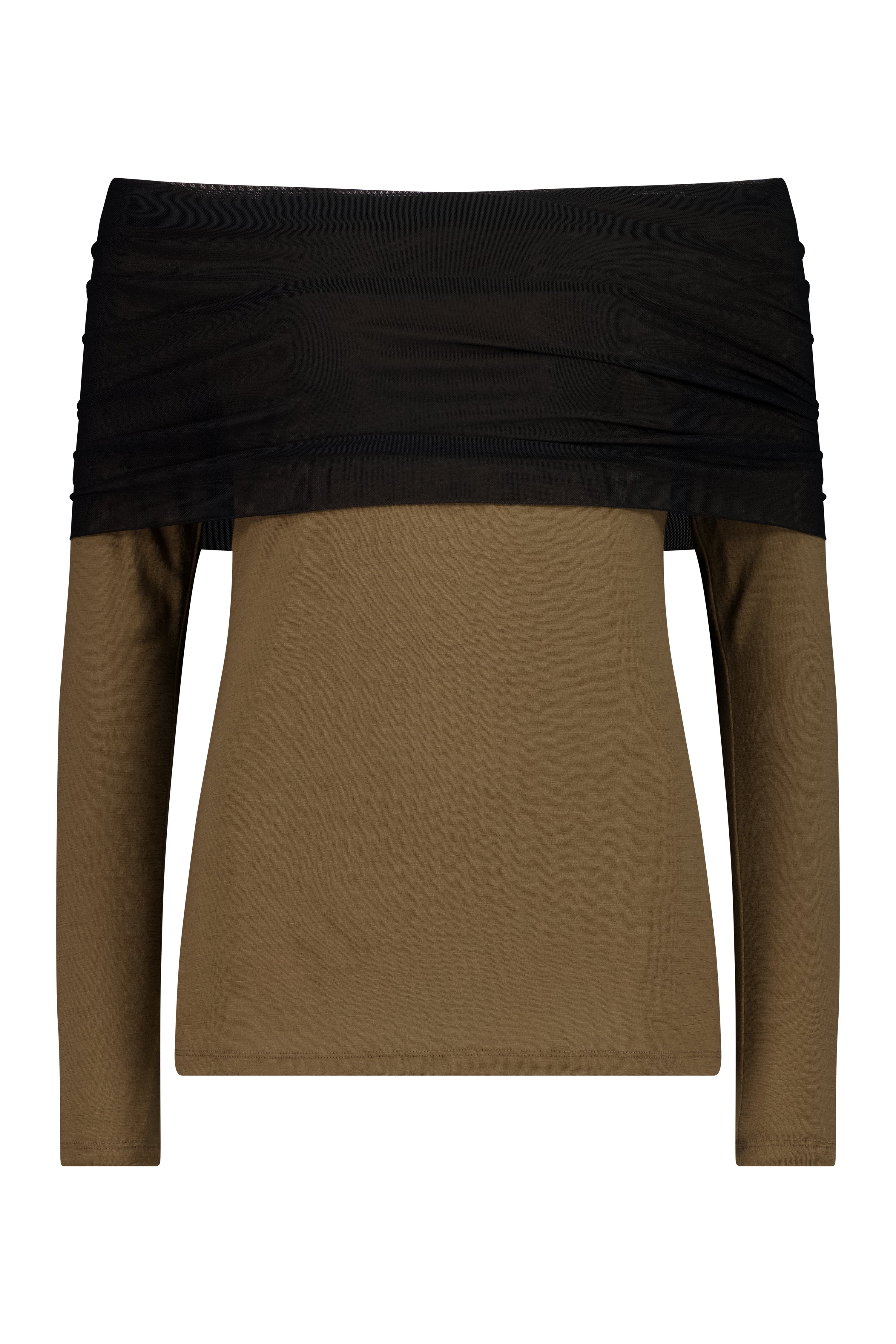 The Halo Top by Racket - a 100% merino off shoulder knit with contrast mesh band. Feminine, modern and versatile. Designed and made in NZ.