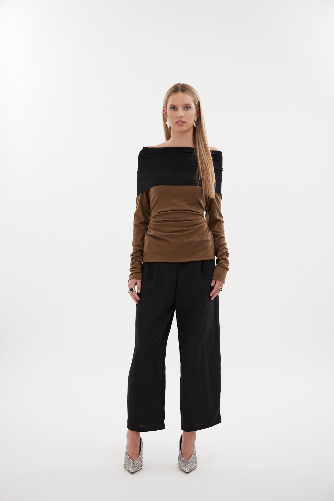 The Halo Top by Racket - a 100% merino off shoulder knit with contrast mesh band. Feminine, modern and versatile. Designed and made in NZ.