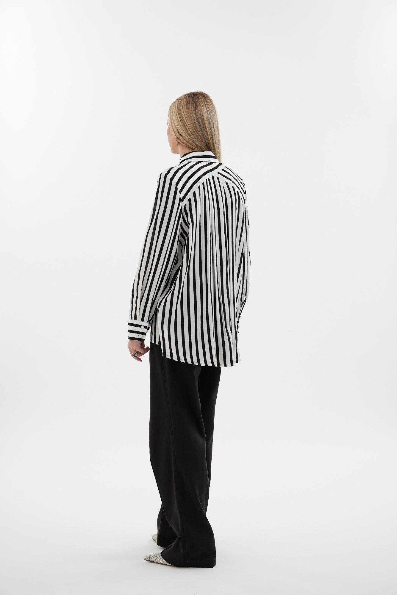 The Icon Shirt by Racket - a relaxed stripe shirt with concealed placket, back yoke pleats and stepped hem. Includes exclusive RKT logo stripe. Made in NZ.
