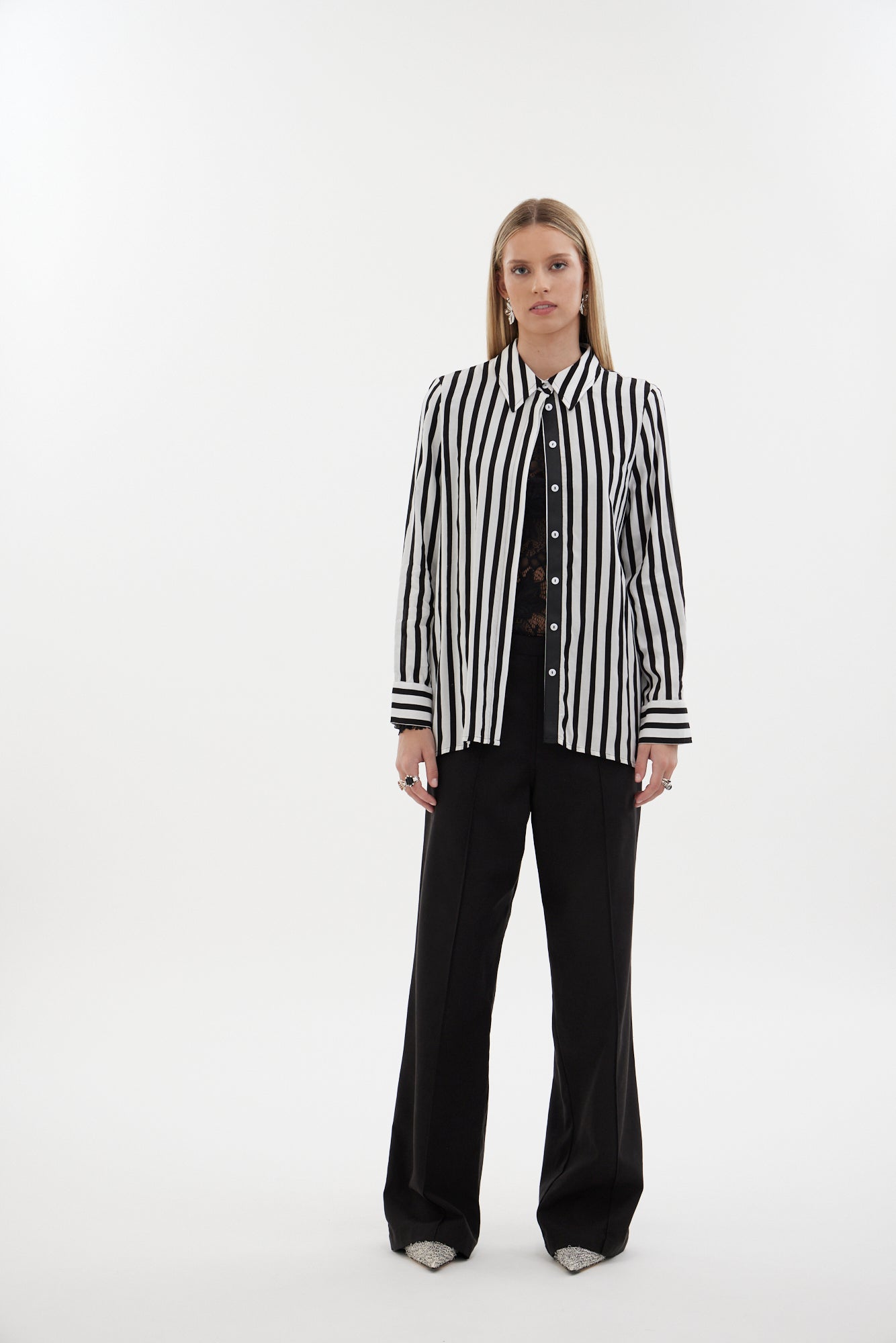 The Icon Shirt by Racket - a relaxed stripe shirt with concealed placket, back yoke pleats and stepped hem. Includes exclusive RKT logo stripe. Made in NZ.