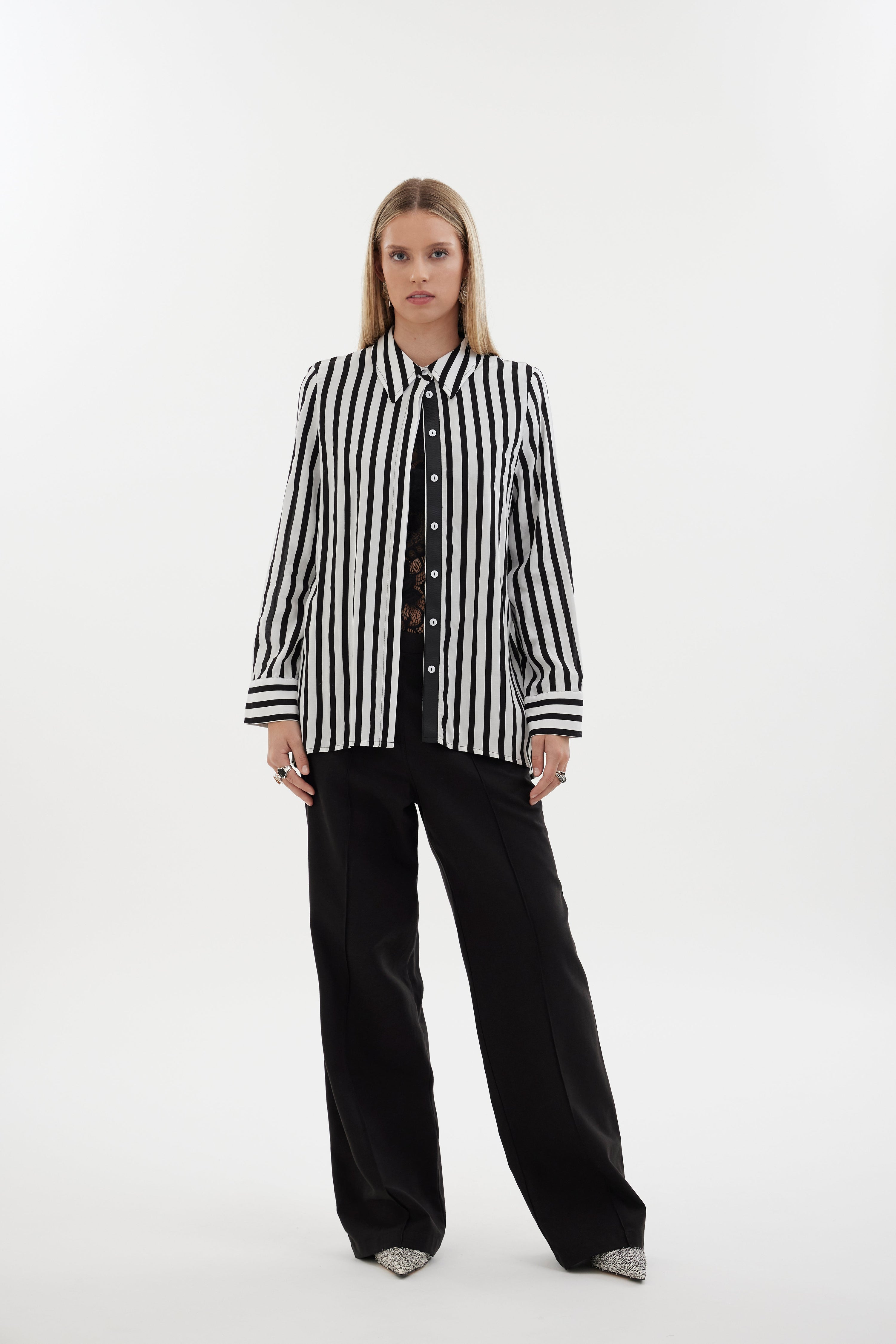 The Icon Shirt by Racket - a relaxed stripe shirt with concealed placket, back yoke pleats and stepped hem. Includes exclusive RKT logo stripe. Made in NZ.