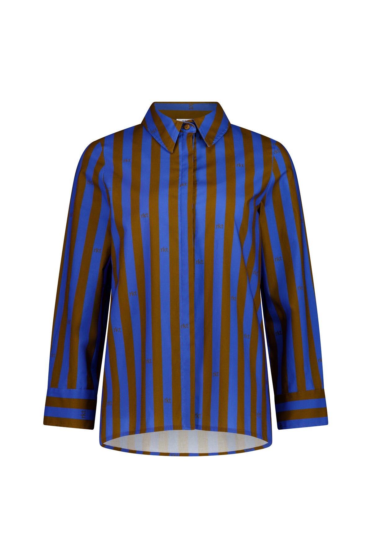 The Icon Shirt by Racket - a relaxed stripe shirt with concealed placket, back yoke pleats and stepped hem. Includes exclusive RKT logo stripe. Made in NZ.
