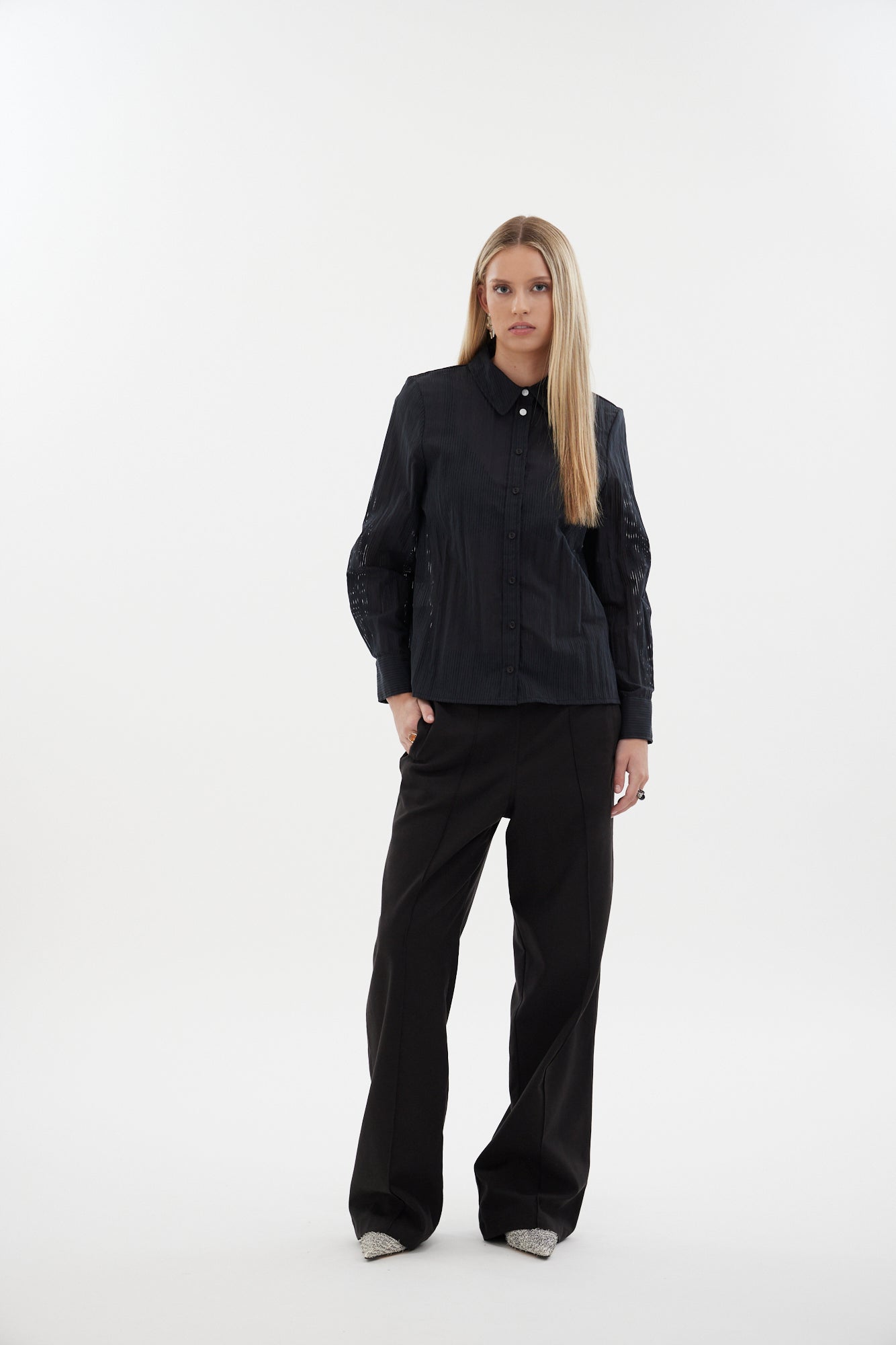 The Lume Shirt by N-E-S - a classic burnout stripe shirt with contrast top buttons, side splits and refined tailoring. Made responsibly in NZ.