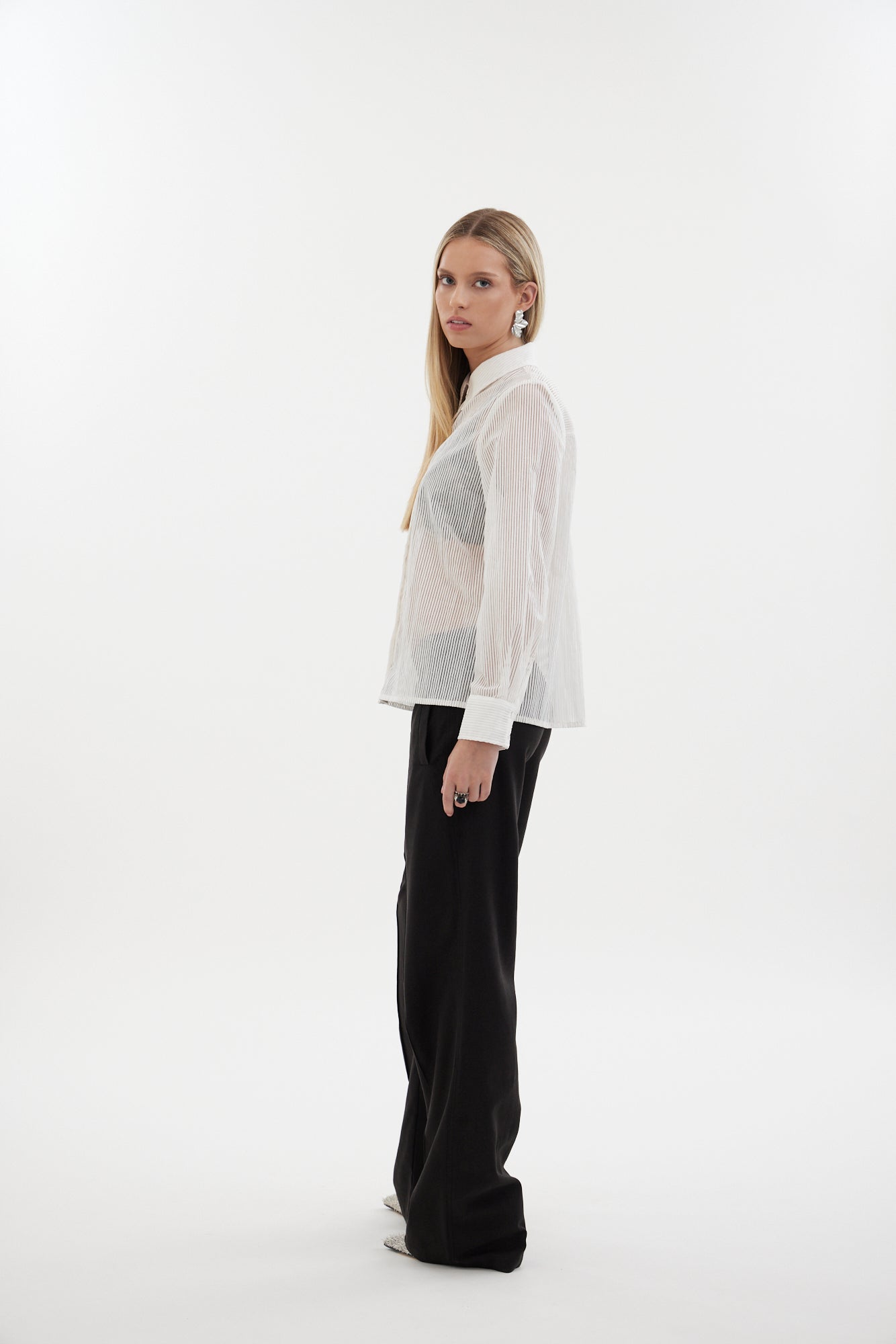 The Lume Shirt by N-E-S - a classic burnout stripe shirt with contrast top buttons, side splits and refined tailoring. Made responsibly in NZ.