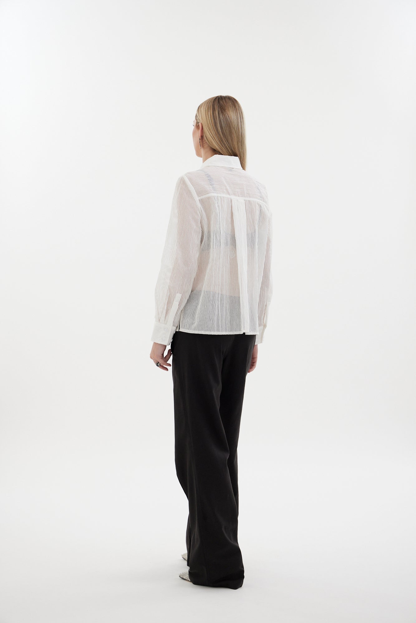 The Lume Shirt by N-E-S - a classic burnout stripe shirt with contrast top buttons, side splits and refined tailoring. Made responsibly in NZ.