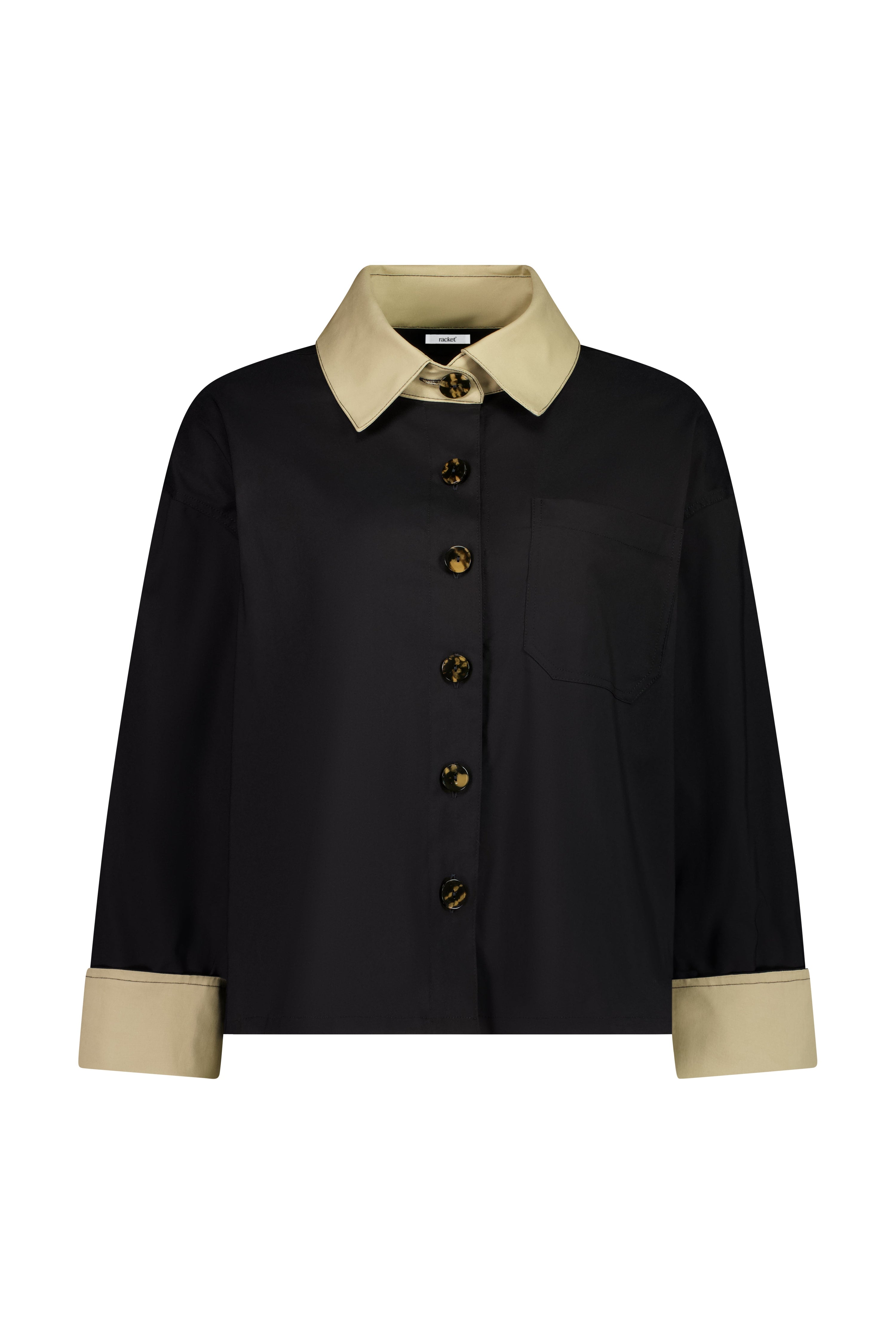 The Motion Shirt by Racket — a cropped, boxy shirt-shacket in cotton lycra with contrast details. Pair with the Motion Pant for a twin set. NZ made.