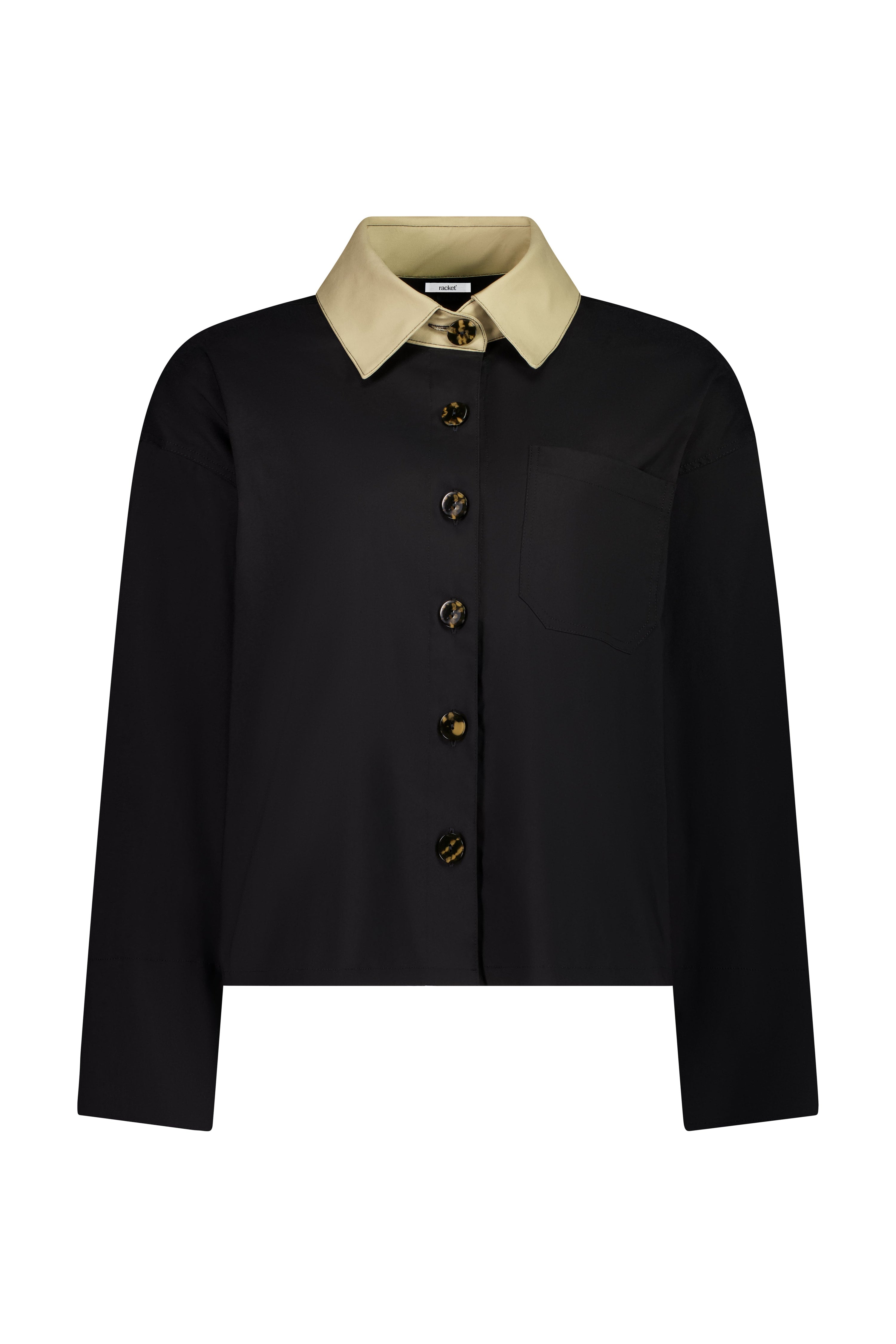 The Motion Shirt by Racket — a cropped, boxy shirt-shacket in cotton lycra with contrast details. Pair with the Motion Pant for a twin set. NZ made.