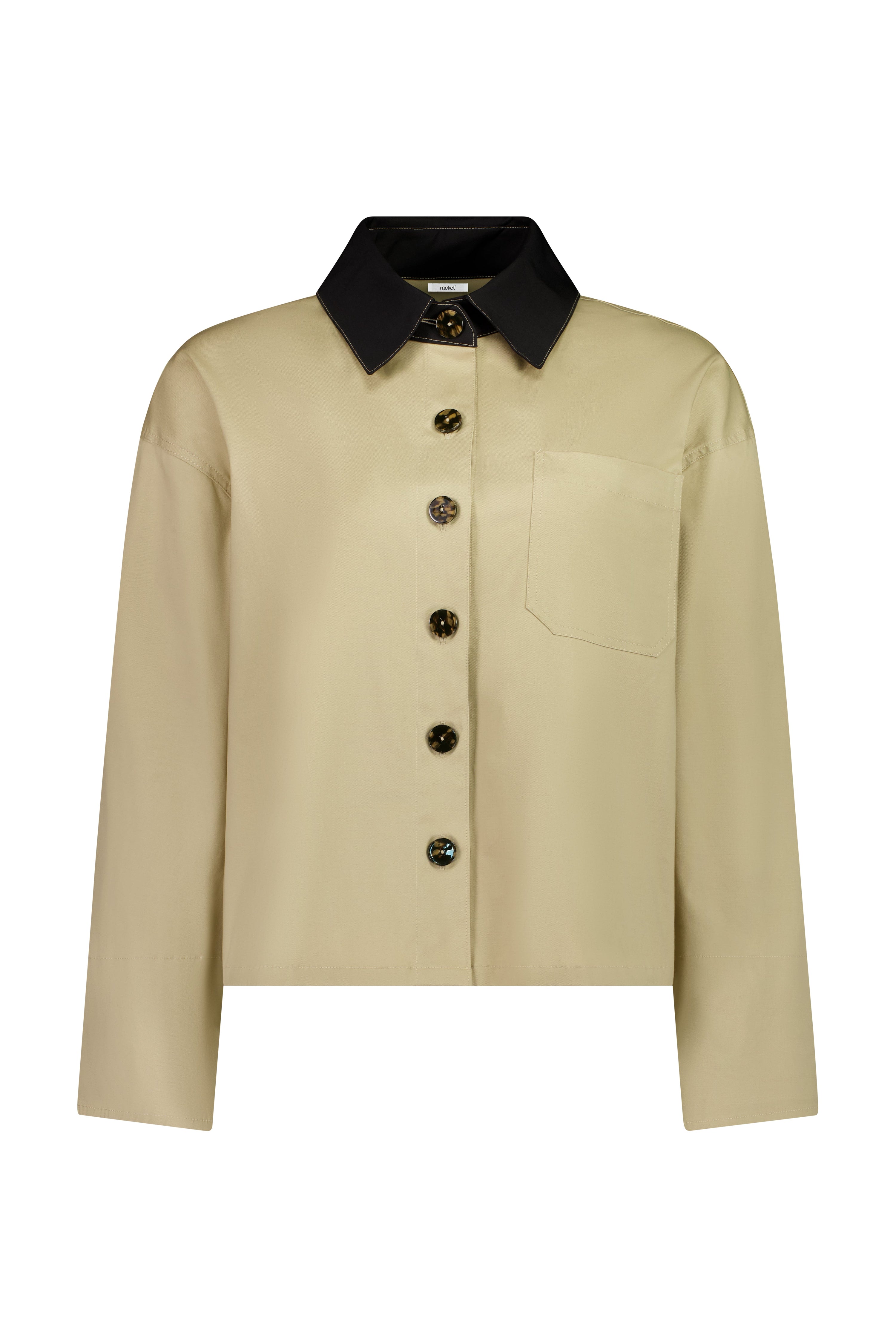 The Motion Shirt by Racket — a cropped, boxy shirt-shacket in cotton lycra with contrast details. Pair with the Motion Pant for a twin set. NZ made.