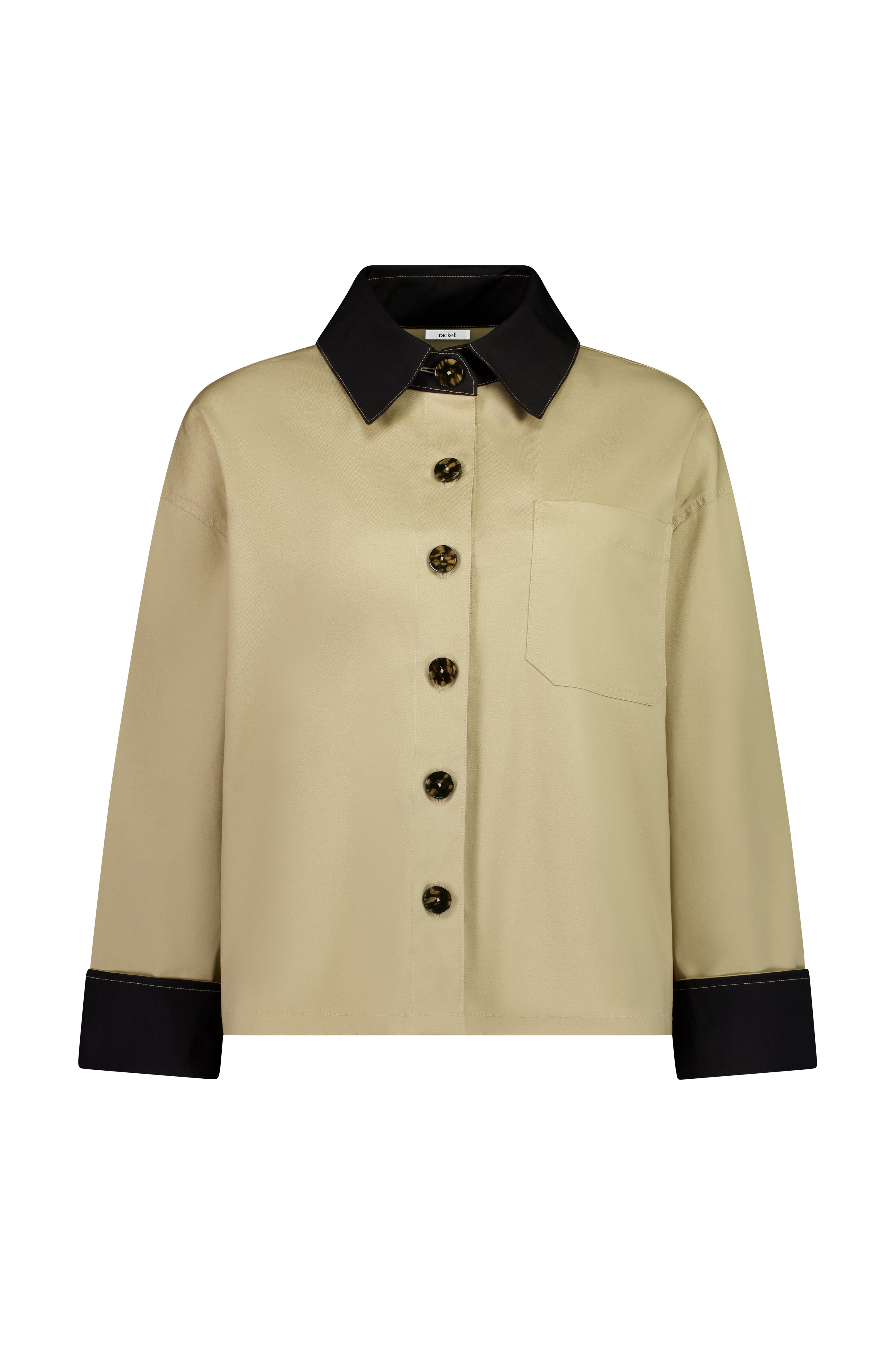 The Motion Shirt by Racket — a cropped, boxy shirt-shacket in cotton lycra with contrast details. Pair with the Motion Pant for a twin set. NZ made.