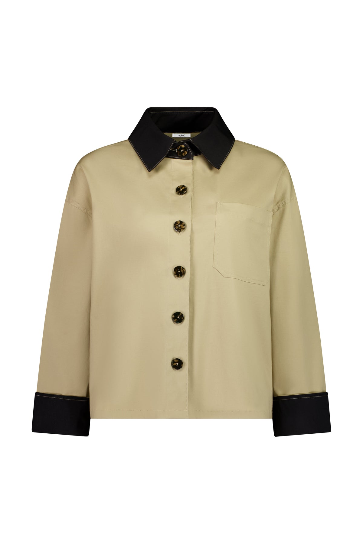 The Motion Shirt by Racket — a cropped, boxy shirt-shacket in cotton lycra with contrast details. Pair with the Motion Pant for a twin set. NZ made.