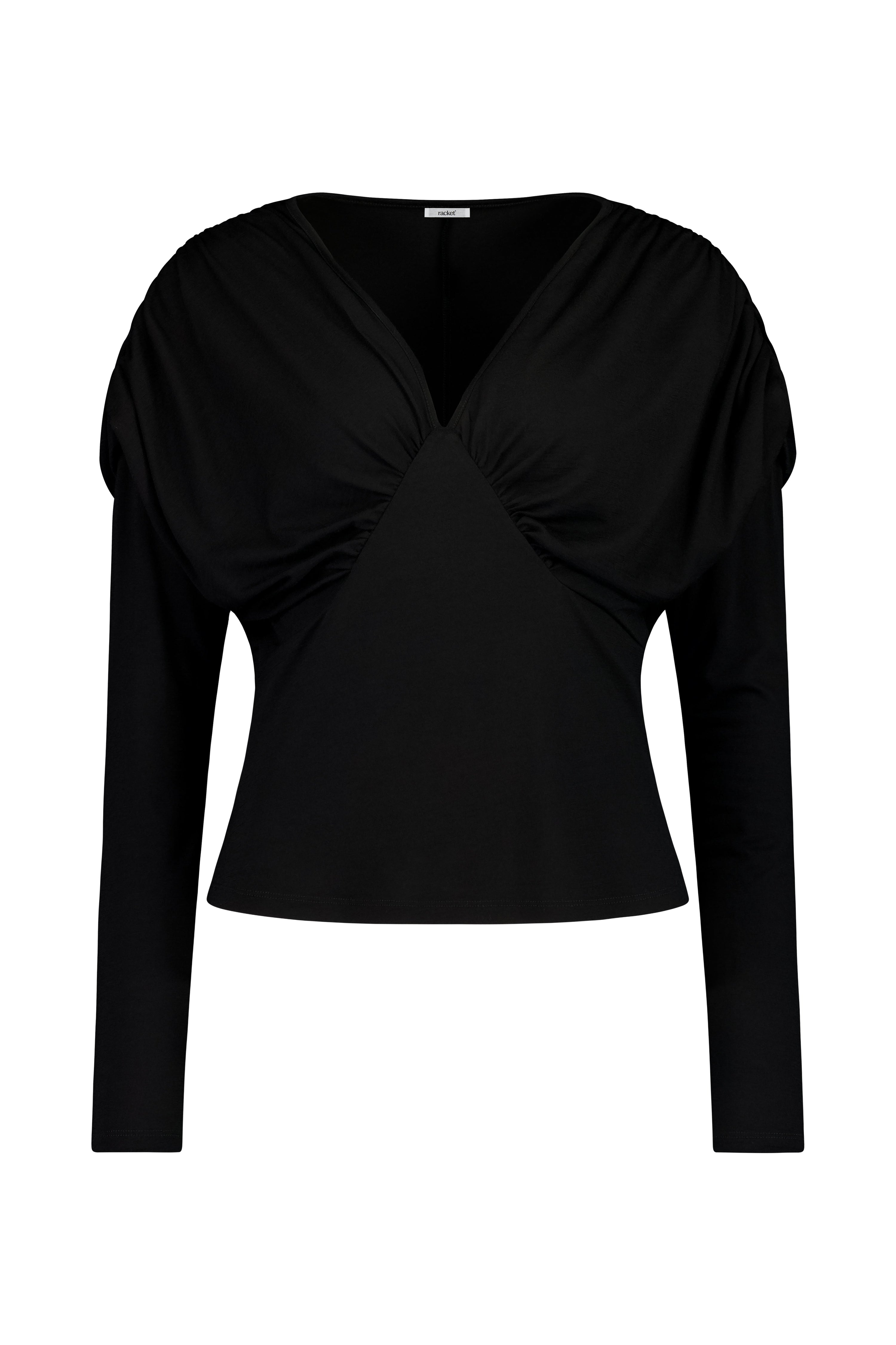 The Muse Top by Racket - a 100% merino long sleeve top with V-neck, rouched detailing and sleek sleeves. Refined comfort, made in NZ.