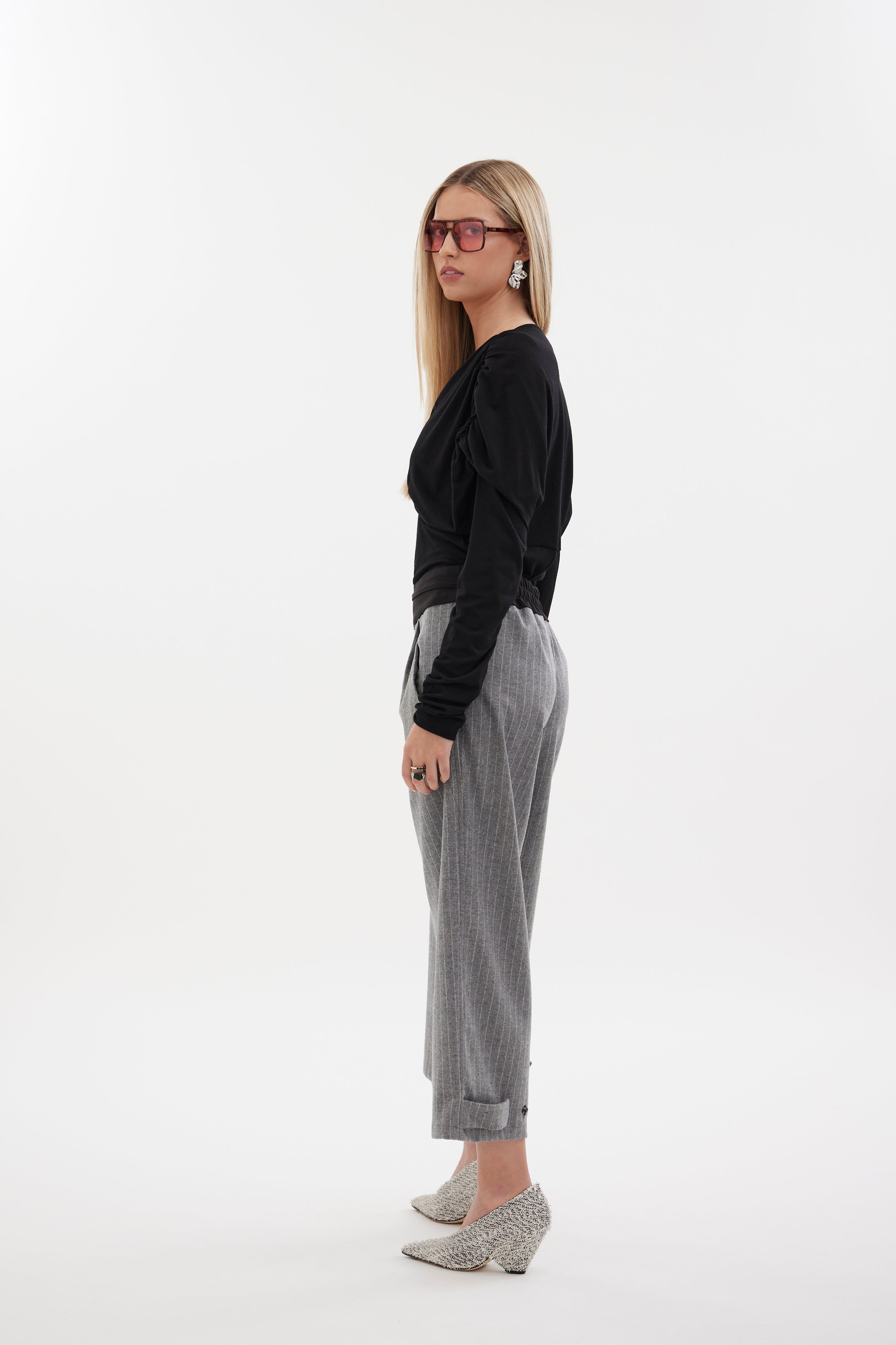 The Muse Top by Racket - a 100% merino long sleeve top with V-neck, rouched detailing and sleek sleeves. Refined comfort, made in NZ.