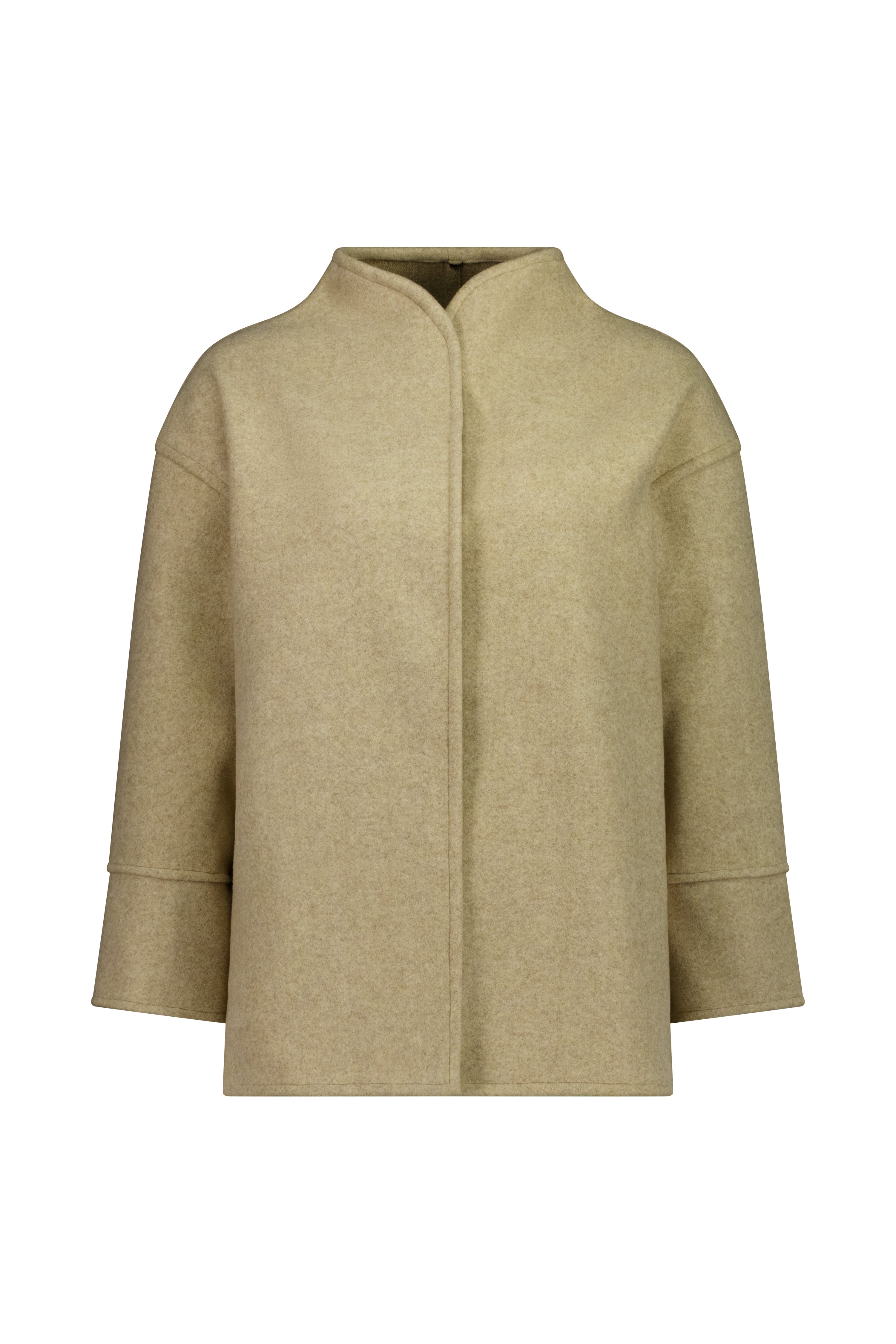 The Pitch Coat by Racket - an upper-thigh wool coat with wide sleeves, flat felled seams and modern mandarin collar. Designed and made in NZ.