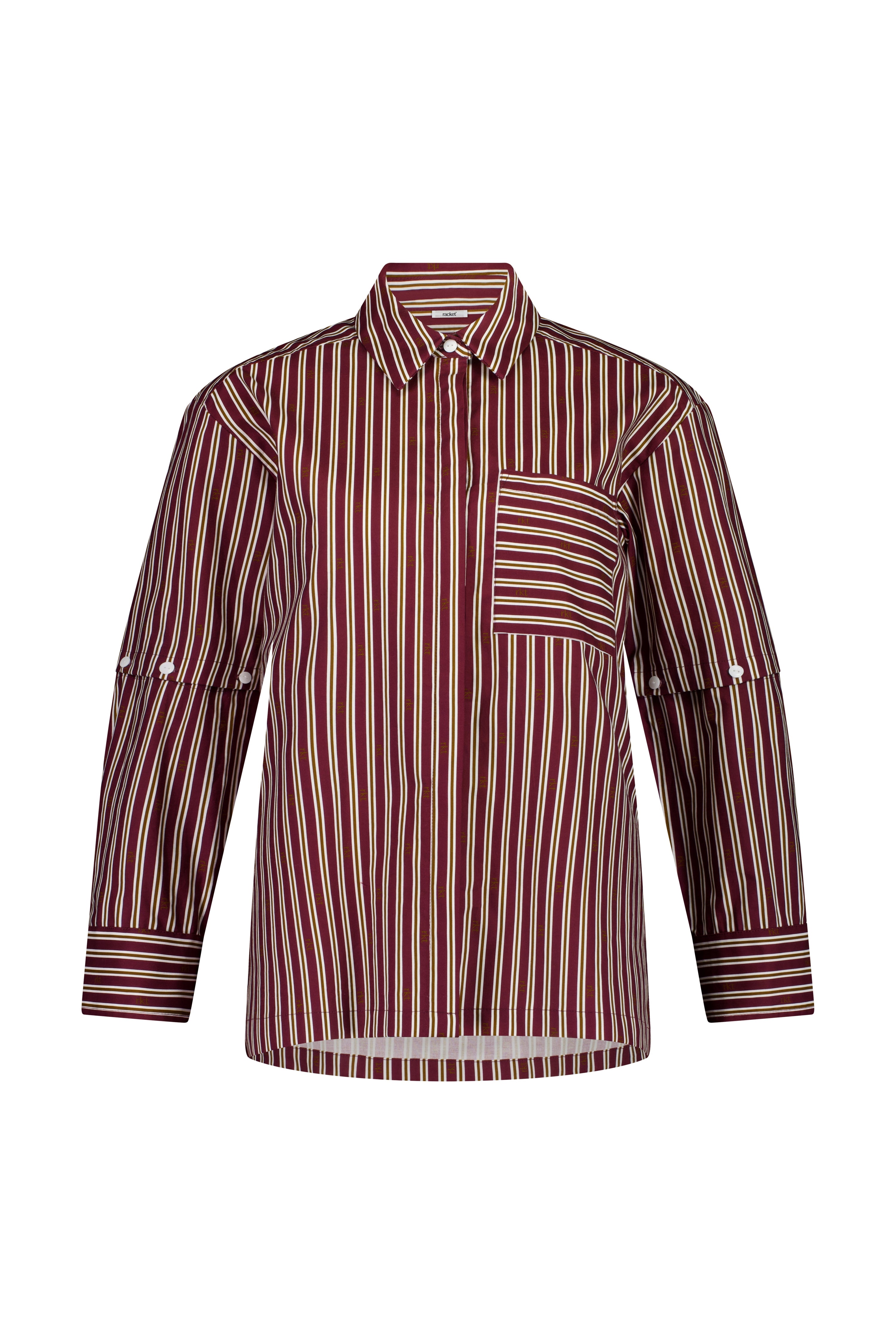 The Rebel Shirt by Racket - a two-in-one shirt with button off sleeves, boxy fit and refined detailing. Available in RKT stripe, white or black. NZ made.