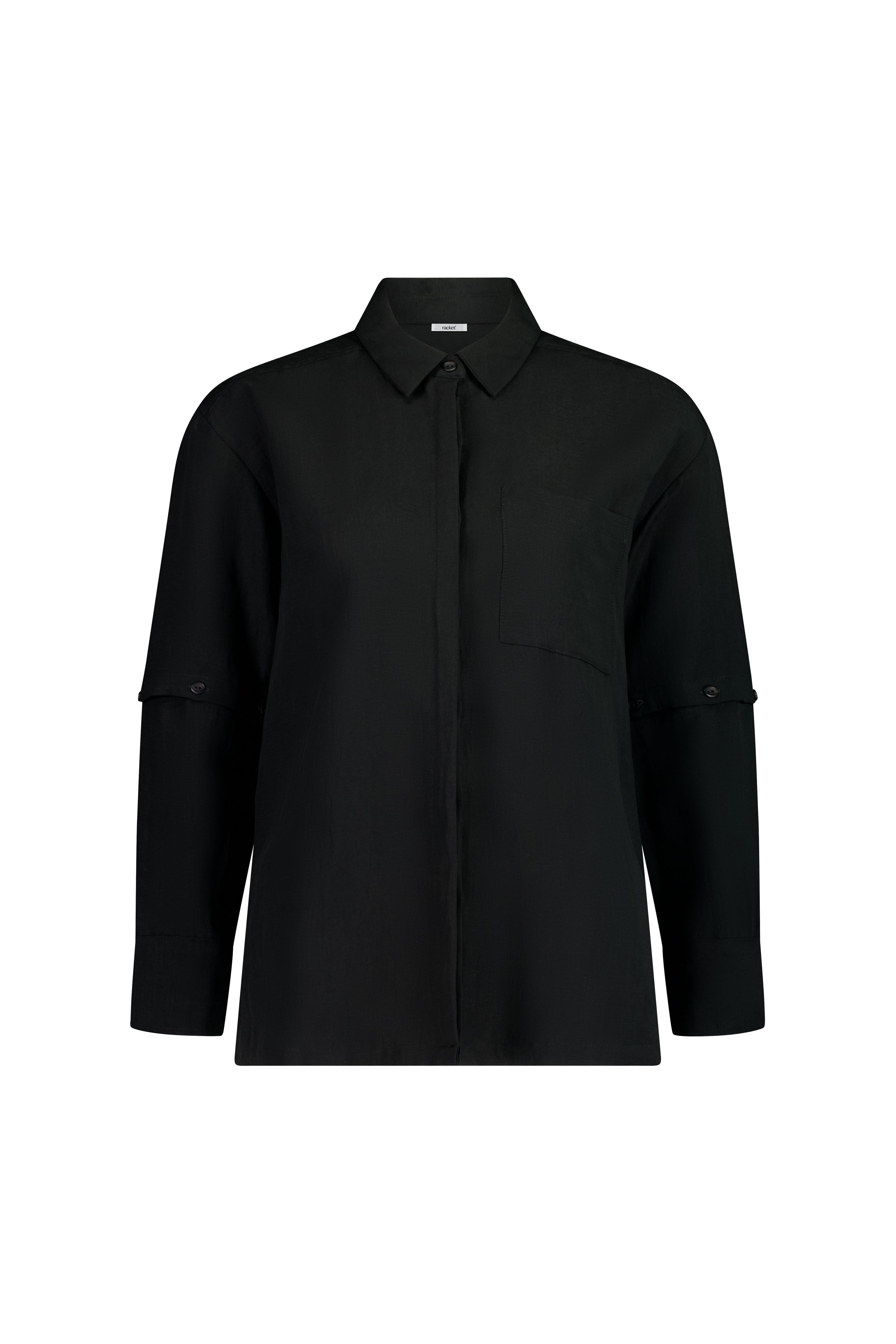 The Rebel Shirt by Racket - a two-in-one shirt with button off sleeves, boxy fit and refined detailing. Available in RKT stripe, white or black. NZ made.