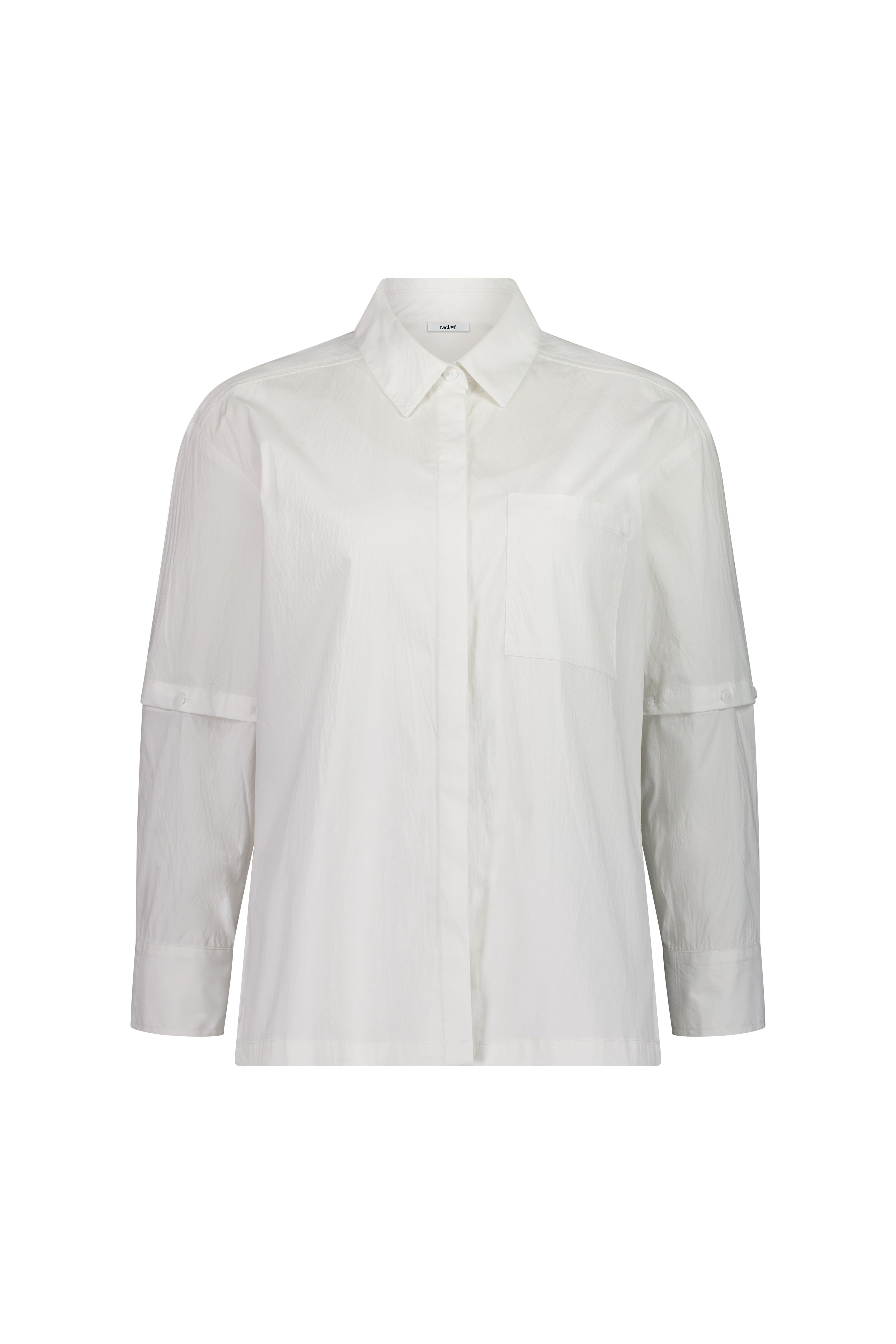 The Rebel Shirt by Racket - a two-in-one shirt with button off sleeves, boxy fit and refined detailing. Available in RKT stripe, white or black. NZ made.