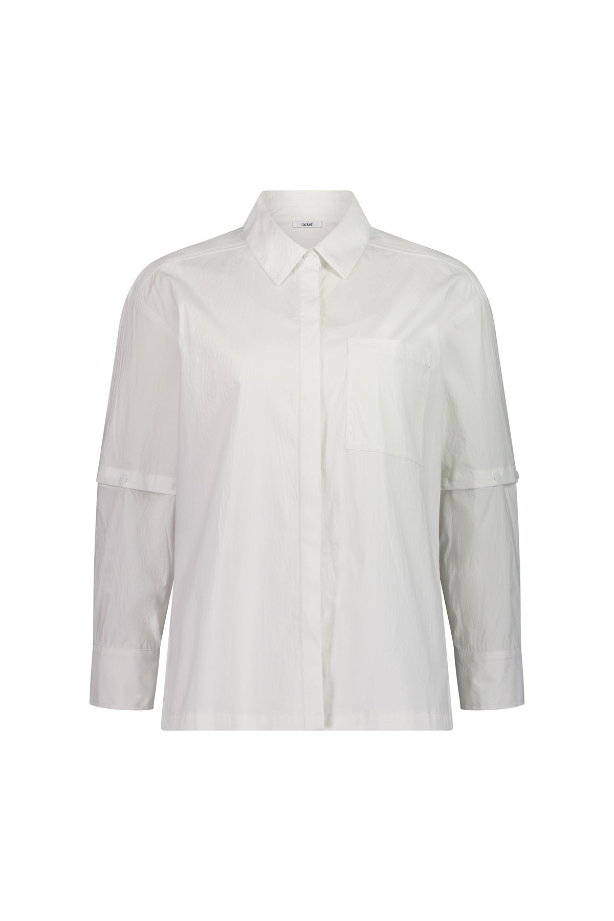 The Rebel Shirt by Racket - a two-in-one shirt with button off sleeves, boxy fit and refined detailing. Available in RKT stripe, white or black. NZ made.