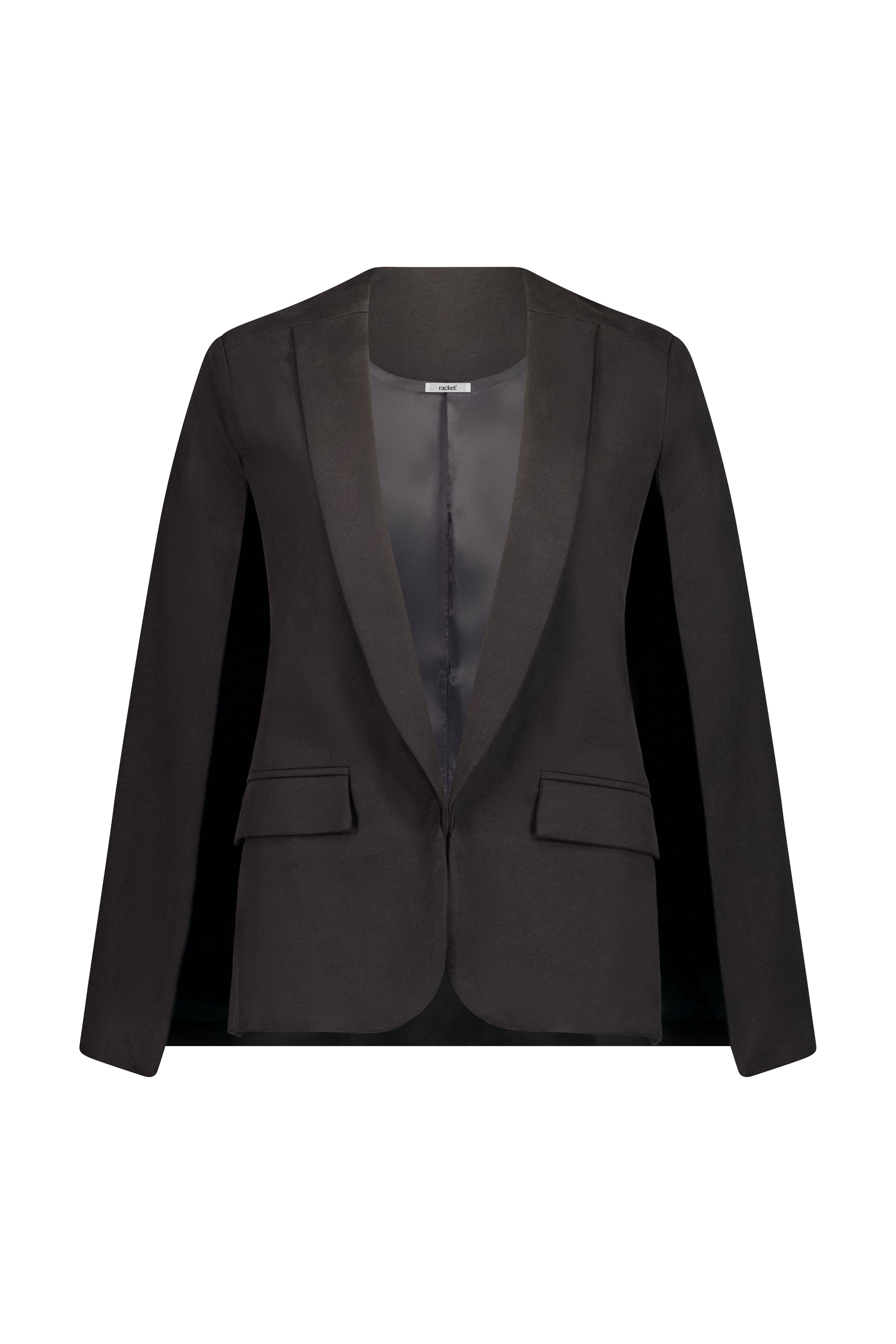 The Siren Cape by Racket - a tailored cape jacket with sleek contrast lapels and subtle shoulder shaping. Style as a suit or with denim. NZ Made.