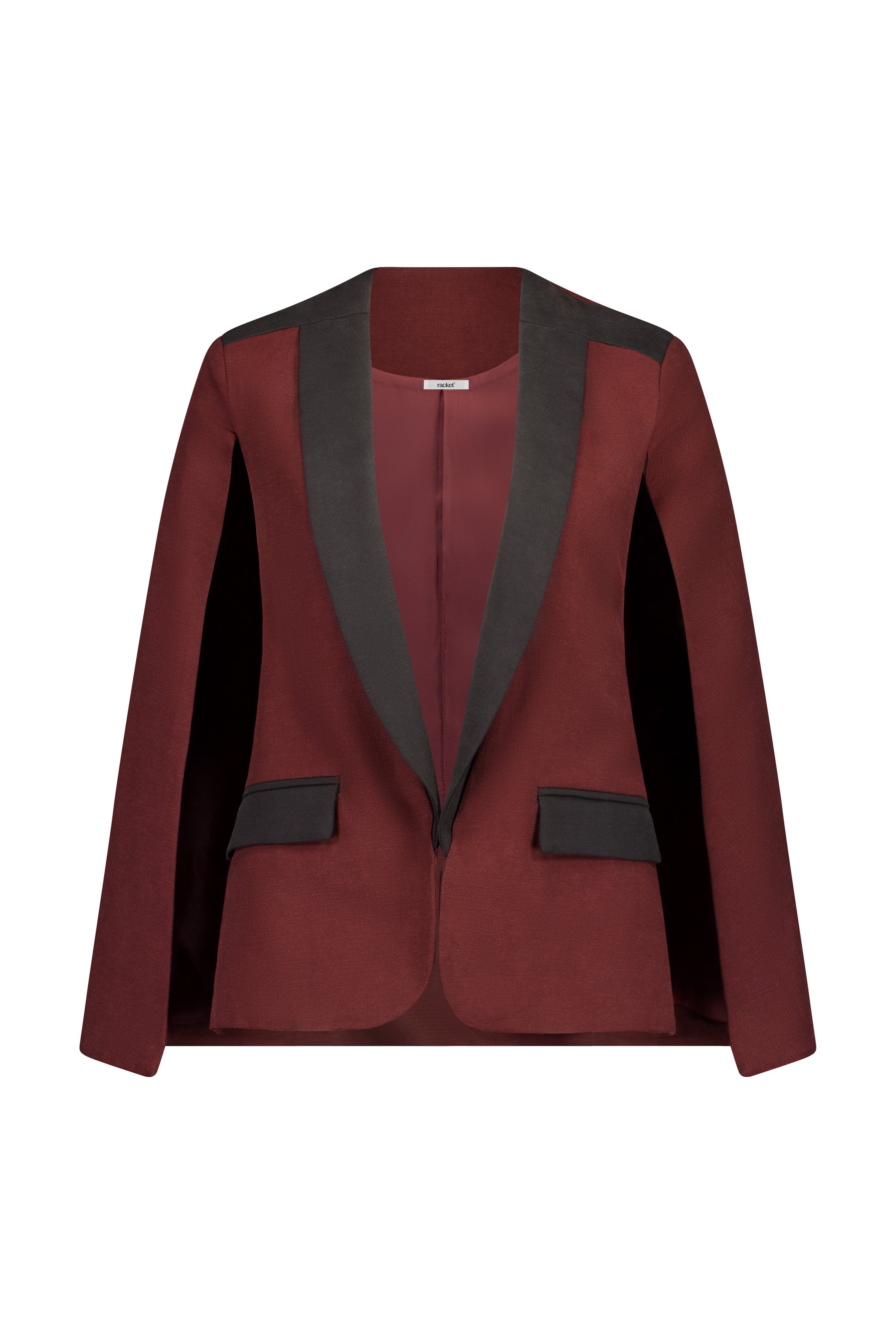 The Siren Cape by Racket - a tailored cape jacket with sleek contrast lapels and subtle shoulder shaping. Style as a suit or with denim. NZ Made.