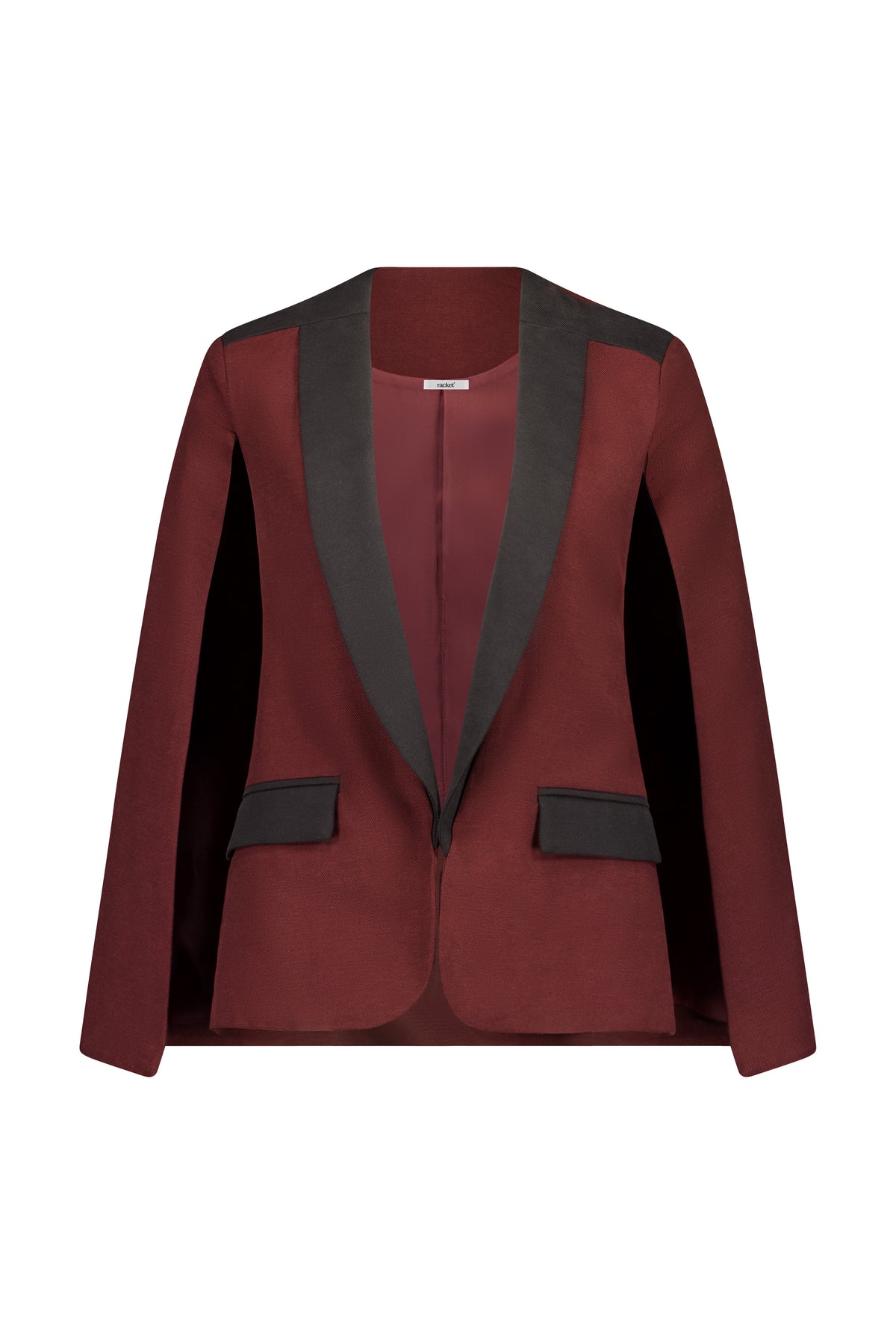 The Siren Cape by Racket - a tailored cape jacket with sleek contrast lapels and subtle shoulder shaping. Style as a suit or with denim. NZ Made.