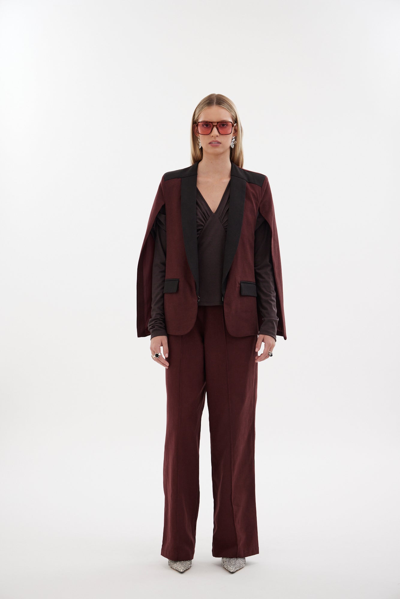 The Siren Cape by Racket - a tailored cape jacket with sleek contrast lapels and subtle shoulder shaping. Style as a suit or with denim. NZ Made.