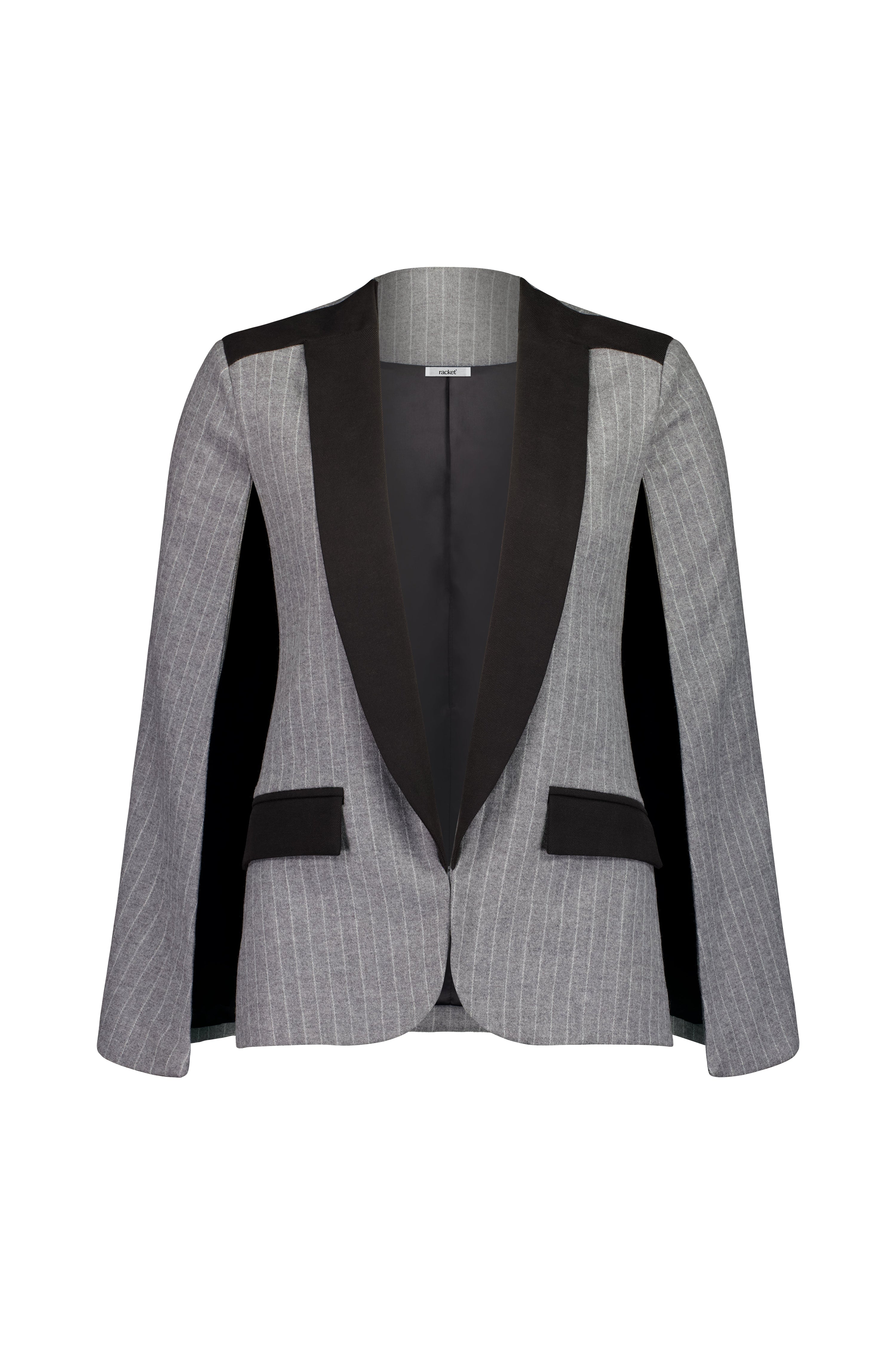 The Siren Cape by Racket - a tailored cape jacket with sleek contrast lapels and subtle shoulder shaping. Style as a suit or with denim. NZ Made.