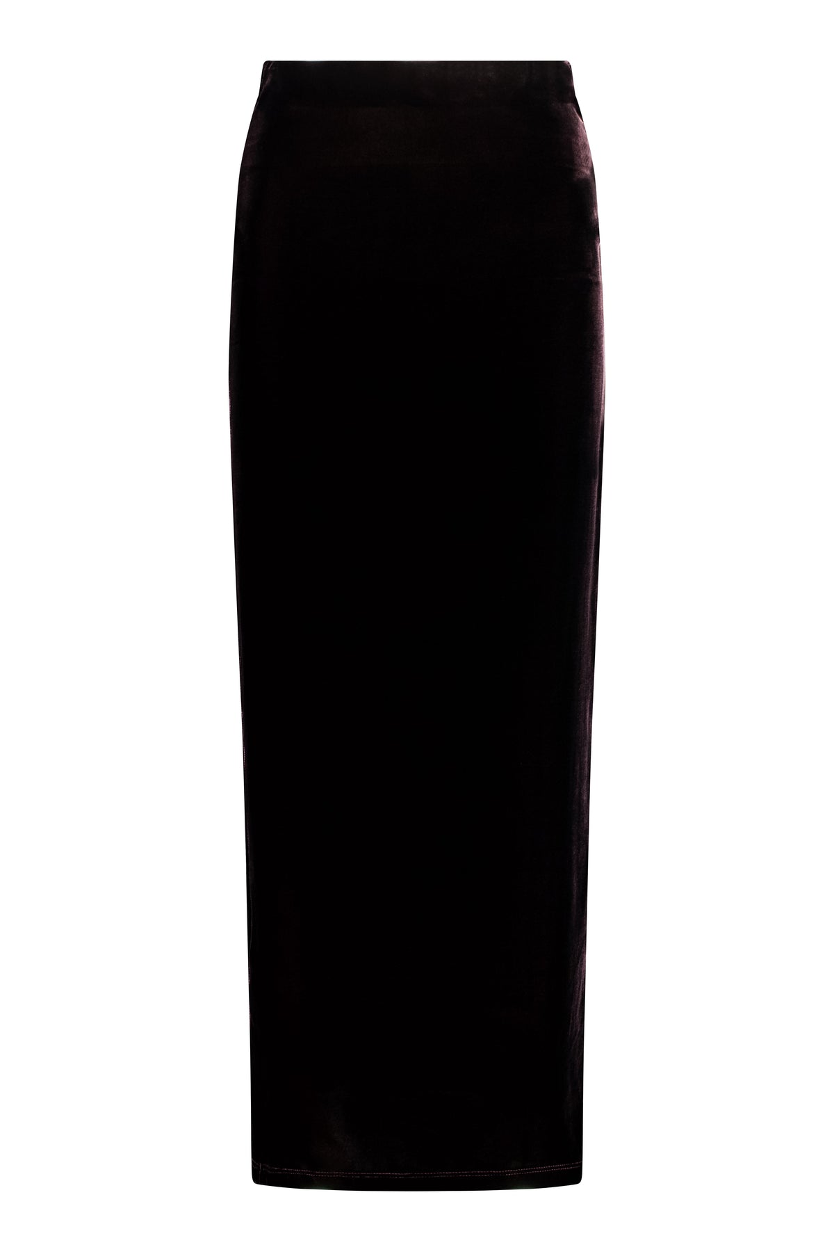 The Vibe Skirt by Racket — a deep plum silk velvet pencil skirt with clean lines and a concealed vent. Elevated evening ease. NZ Made
