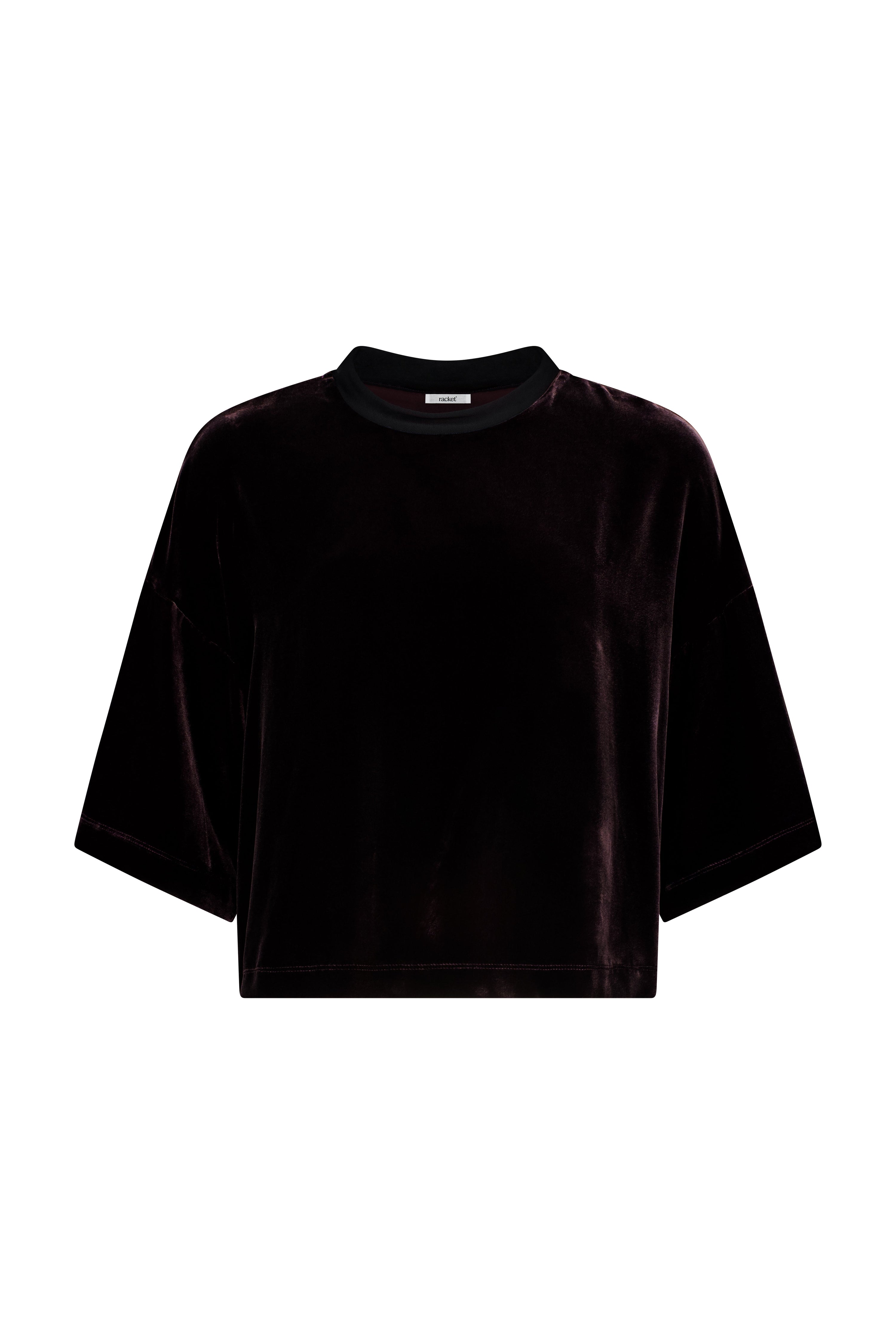 The Vibe Tee by Racket — a boxy silk velvet top with a squared hem and elbow-length sleeves. Pair with the Vibe Skirt for elevated ease. NZ Made.