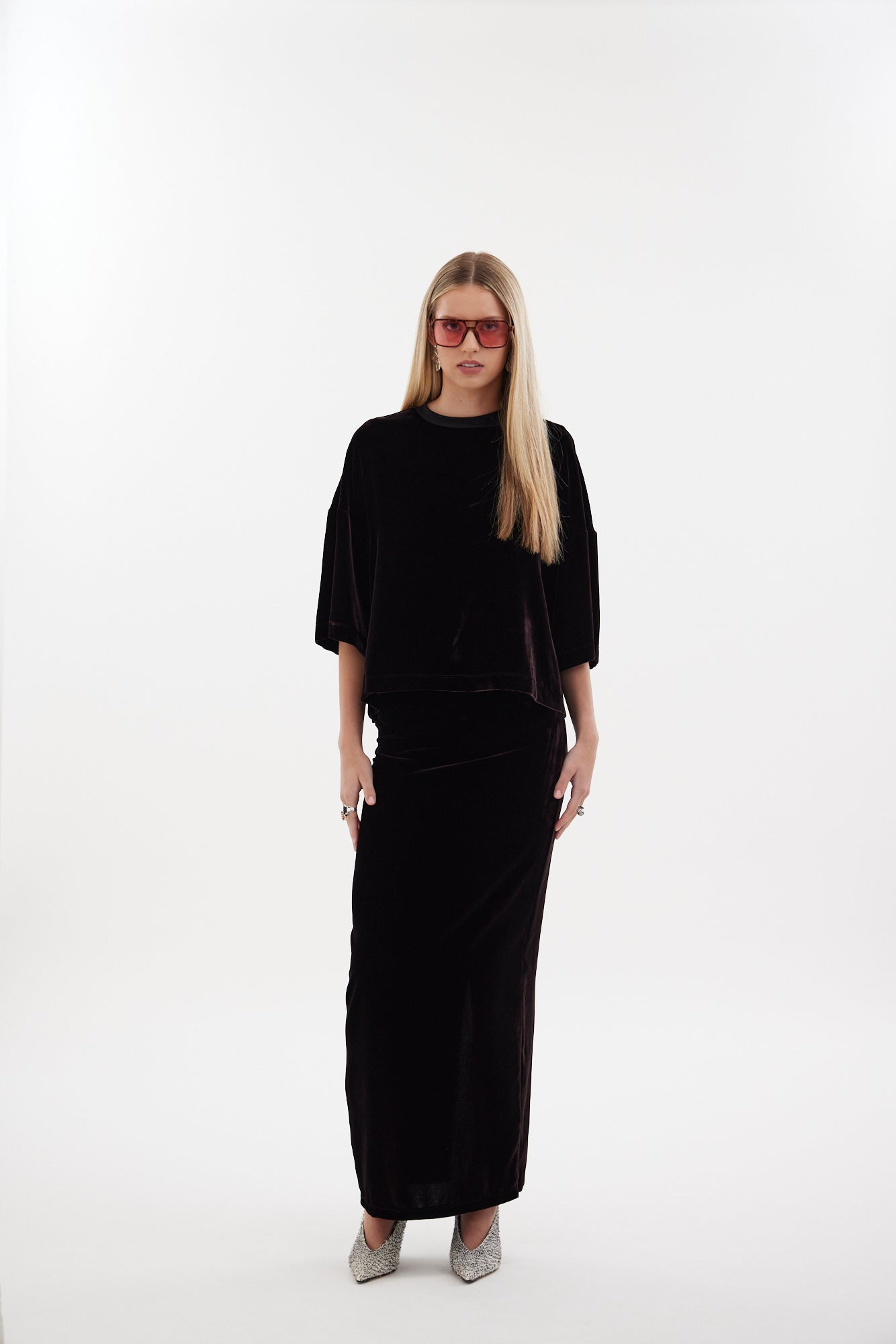 The Vibe Tee by Racket — a boxy silk velvet top with a squared hem and elbow-length sleeves. Pair with the Vibe Skirt for elevated ease. NZ Made.