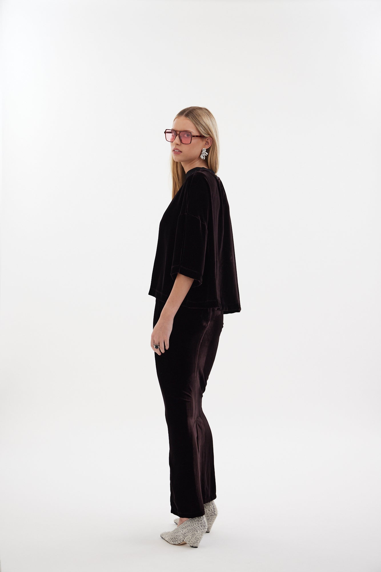 The Vibe Tee by Racket — a boxy silk velvet top with a squared hem and elbow-length sleeves. Pair with the Vibe Skirt for elevated ease. NZ Made.