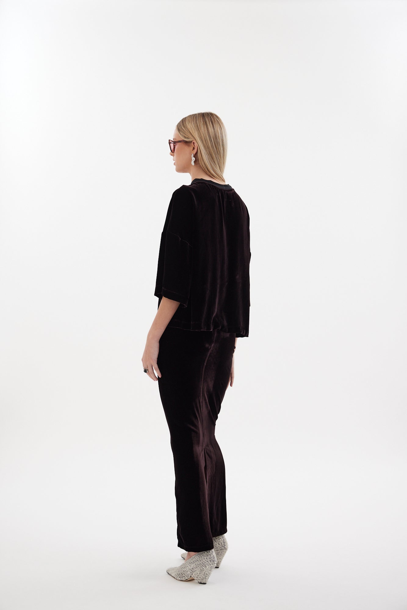 The Vibe Tee by Racket — a boxy silk velvet top with a squared hem and elbow-length sleeves. Pair with the Vibe Skirt for elevated ease. NZ Made.