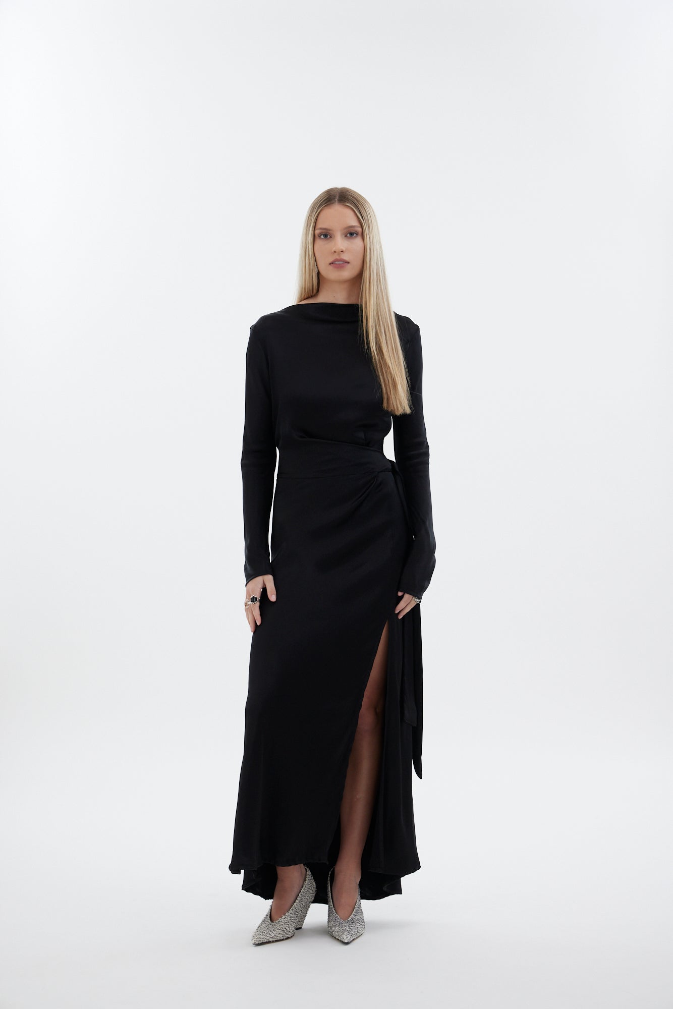The Zenith Dress by Racket - a 7/8 length dress with bias sleeves, cross over detailing and off centre split. Event ready and NZ made.