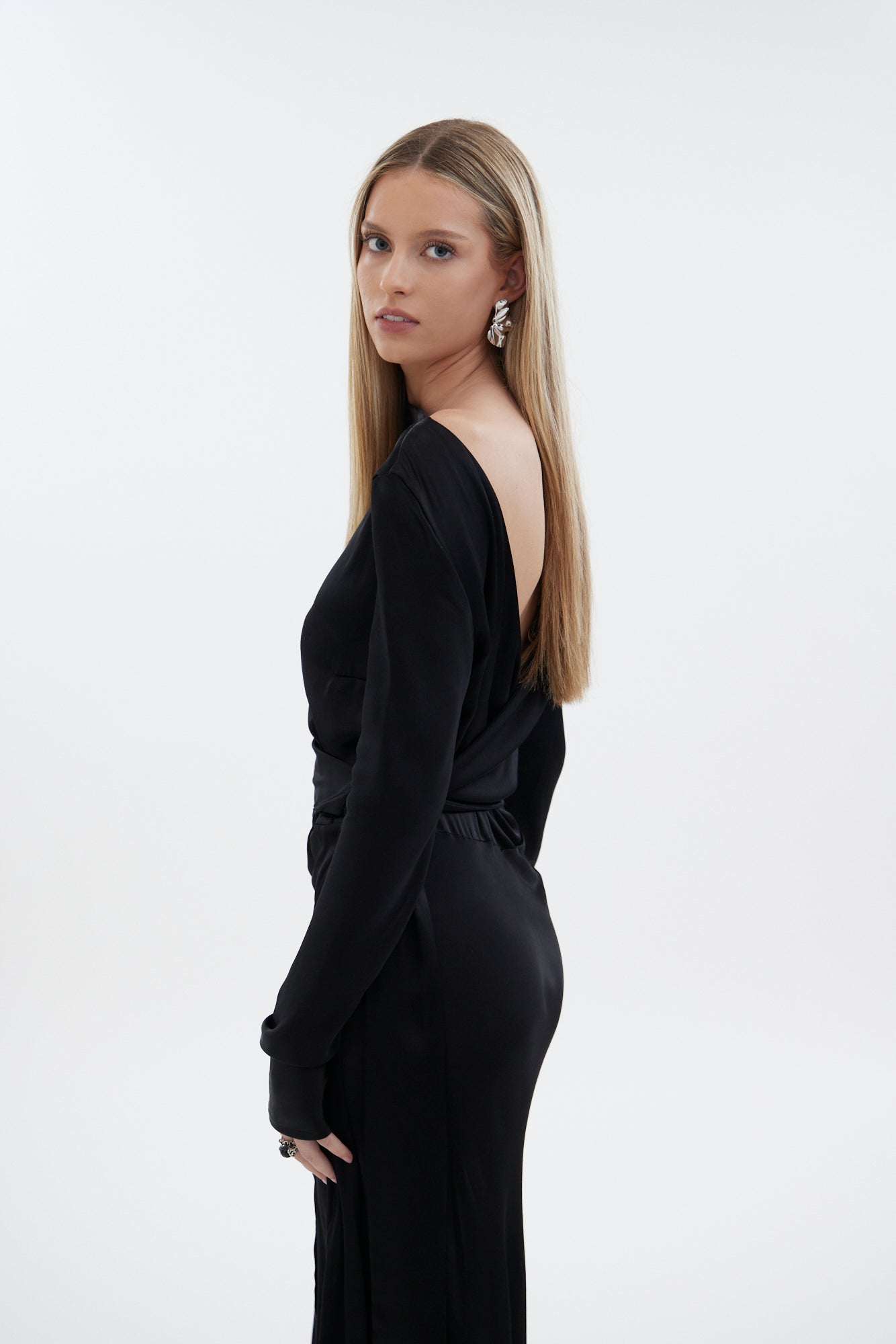 The Zenith Dress by Racket - a 7/8 length dress with bias sleeves, cross over detailing and off centre split. Event ready and NZ made.