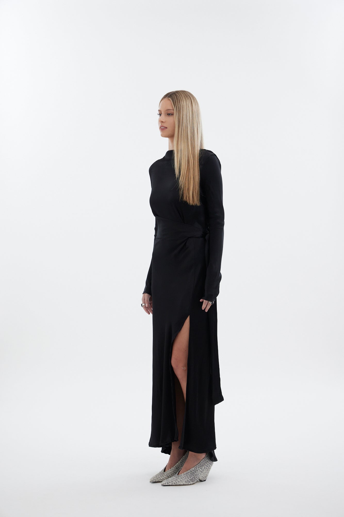 The Zenith Dress by Racket - a 7/8 length dress with bias sleeves, cross over detailing and off centre split. Event ready and NZ made.