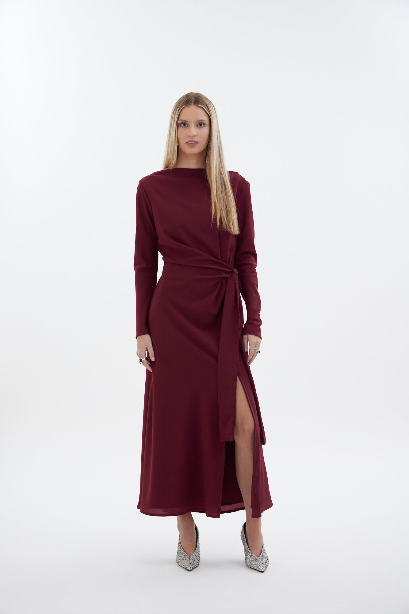 The Zenith Dress by Racket - a 7/8 length dress with bias sleeves, cross over detailing and off centre split. Event ready and NZ made.
