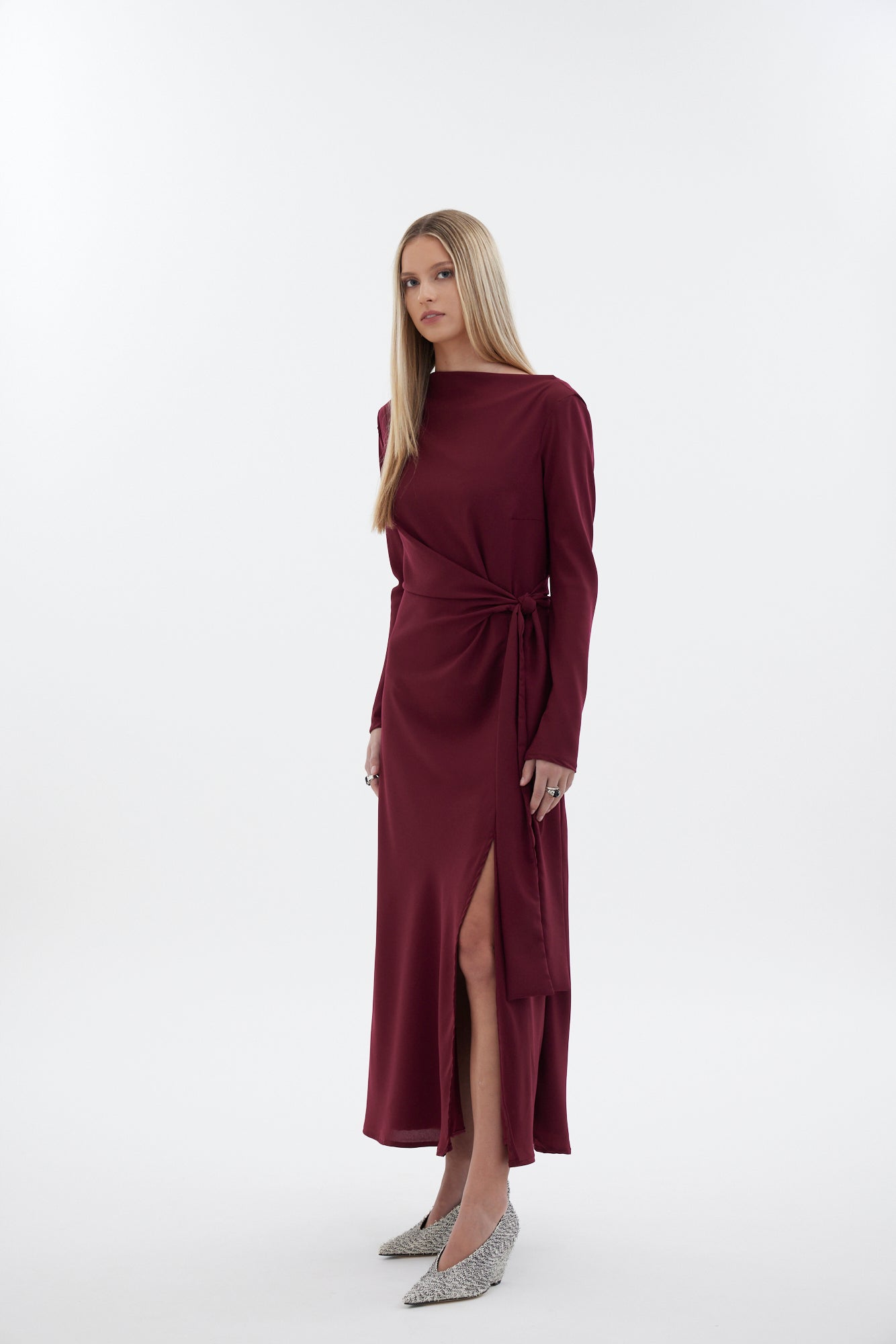 The Zenith Dress by Racket - a 7/8 length dress with bias sleeves, cross over detailing and off centre split. Event ready and NZ made.