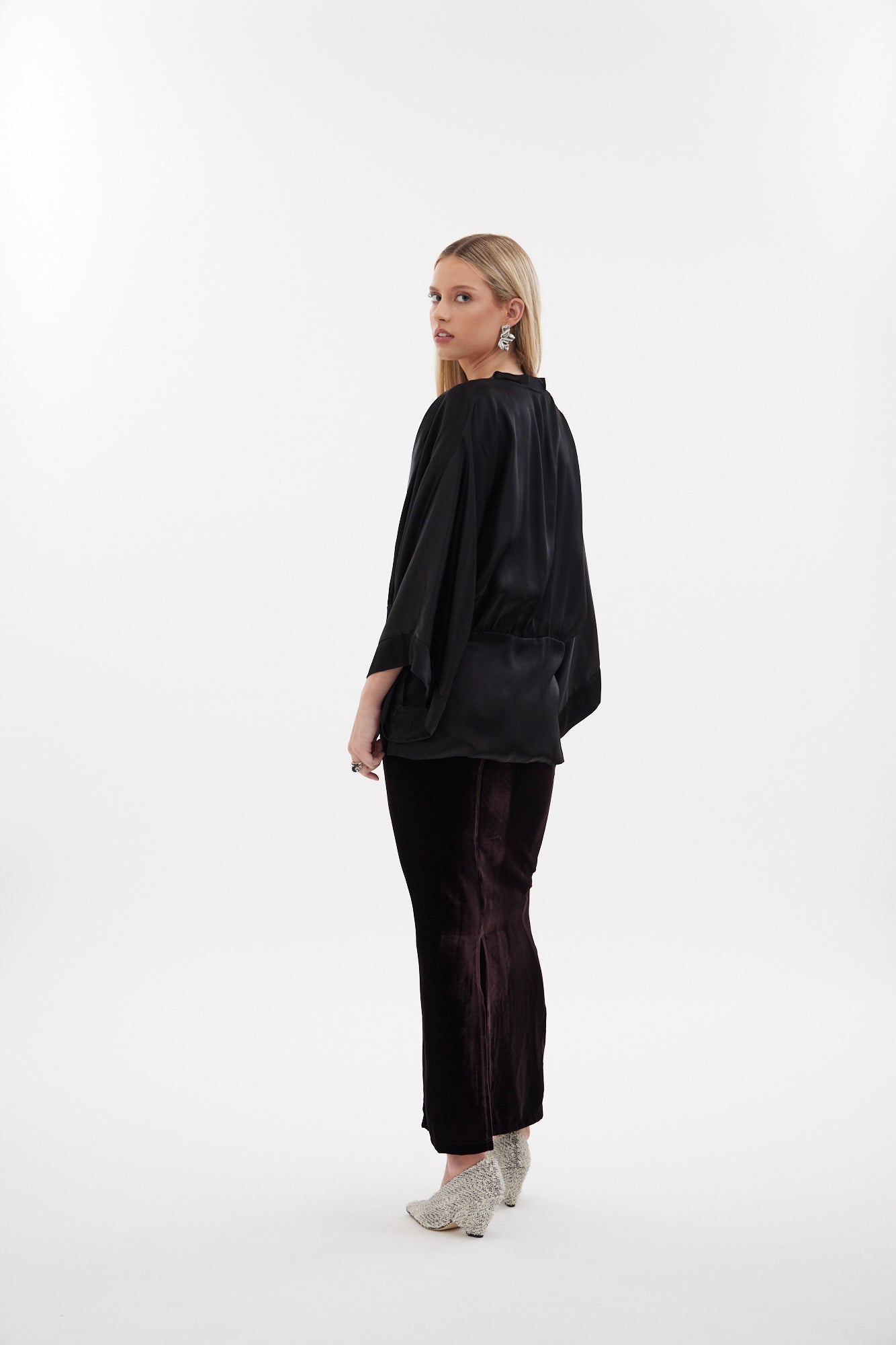 The Zenith Jacket by Racket - a satin jacket with wide sleeves, gathered panel and optional tie. Perfect for events or everyday polish. NZ made.