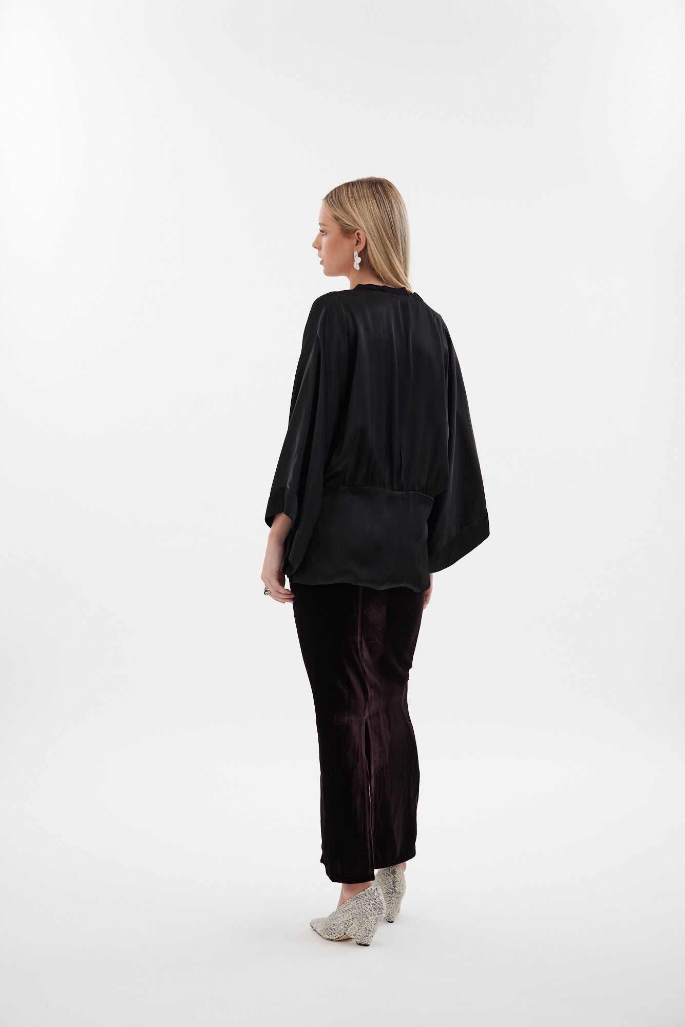 The Zenith Jacket by Racket - a satin jacket with wide sleeves, gathered panel and optional tie. Perfect for events or everyday polish. NZ made.