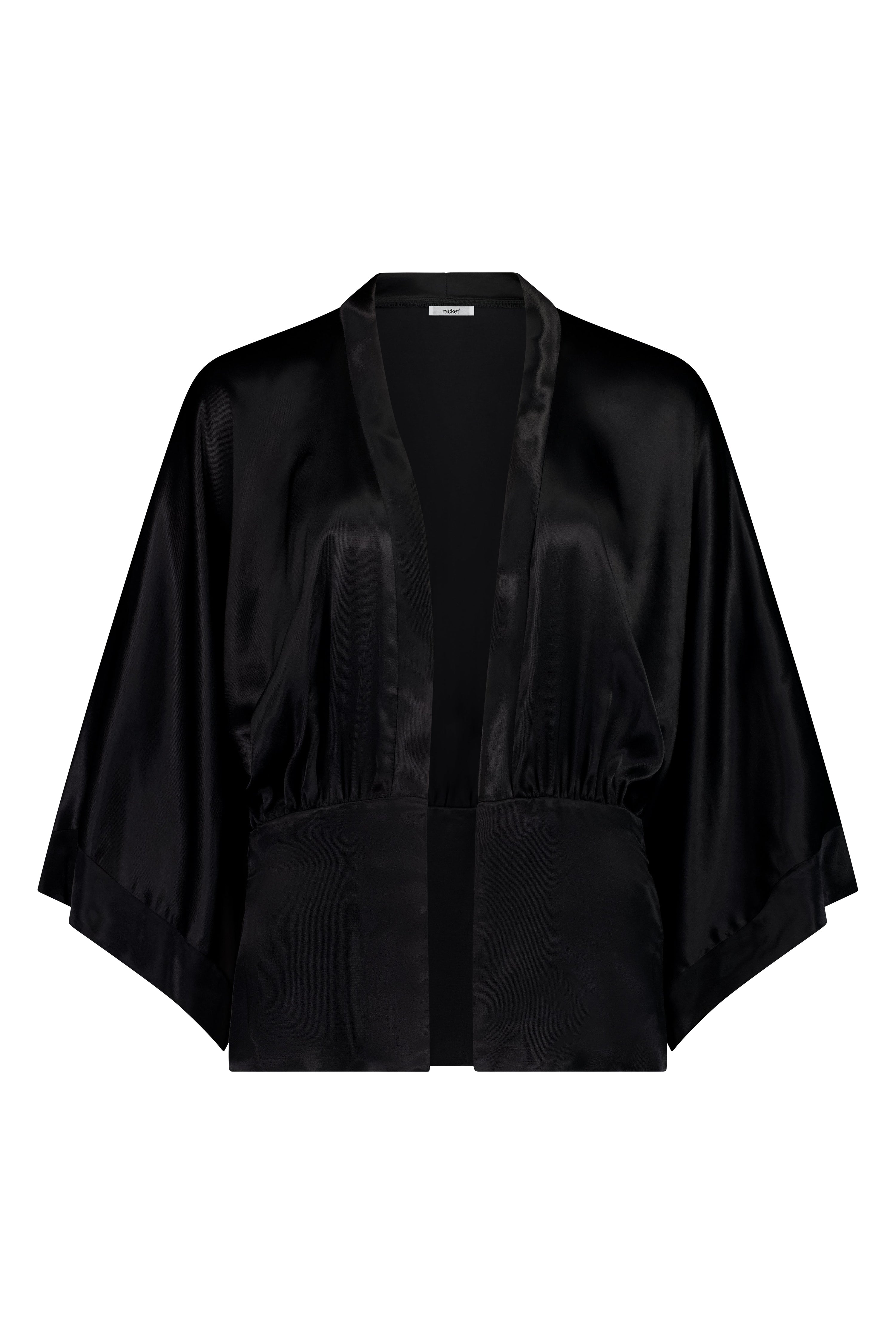 The Zenith Jacket by Racket - a satin jacket with wide sleeves, gathered panel and optional tie. Perfect for events or everyday polish. NZ made.