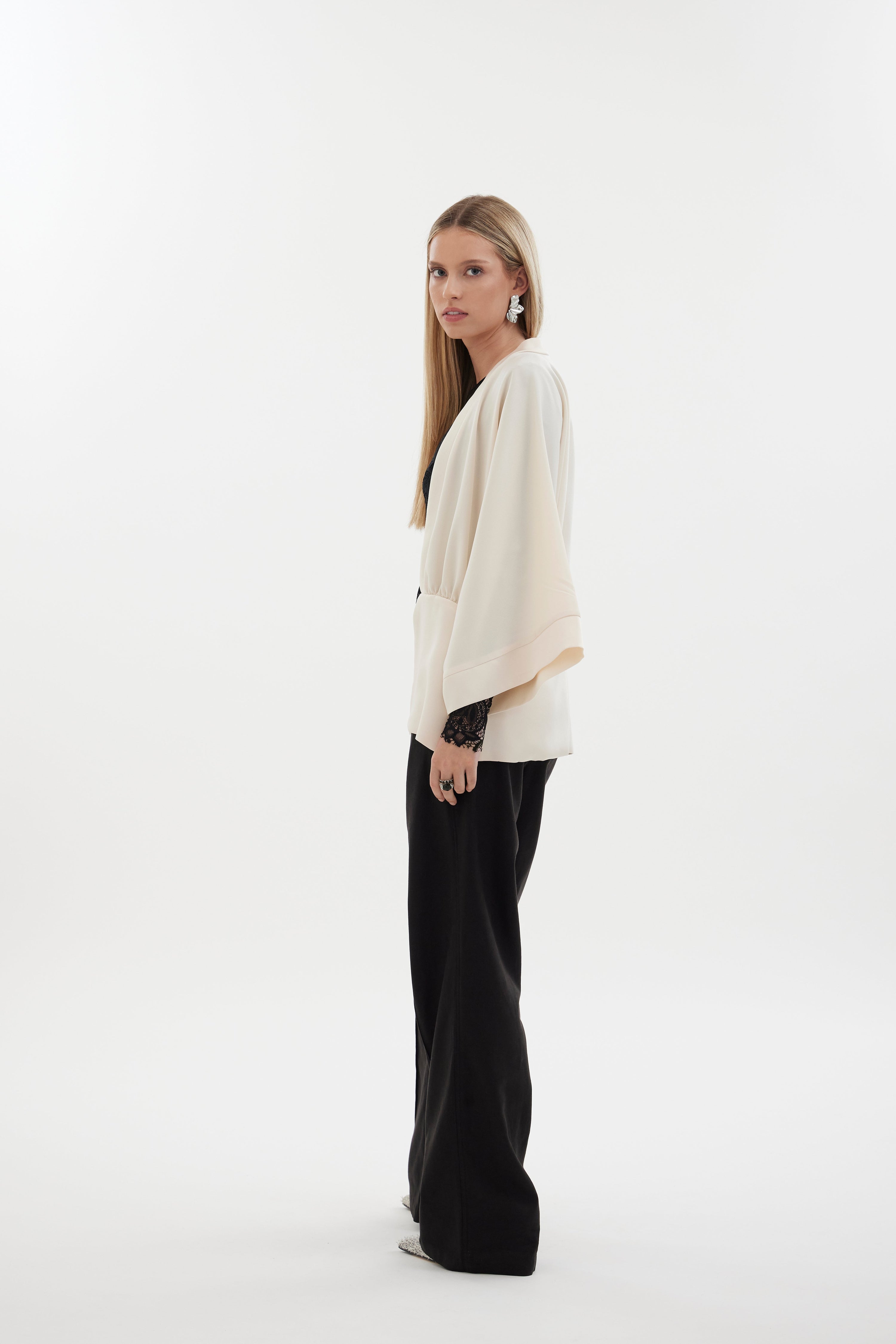 The Zenith Jacket by Racket - a satin jacket with wide sleeves, gathered panel and optional tie. Perfect for events or everyday polish. NZ made.