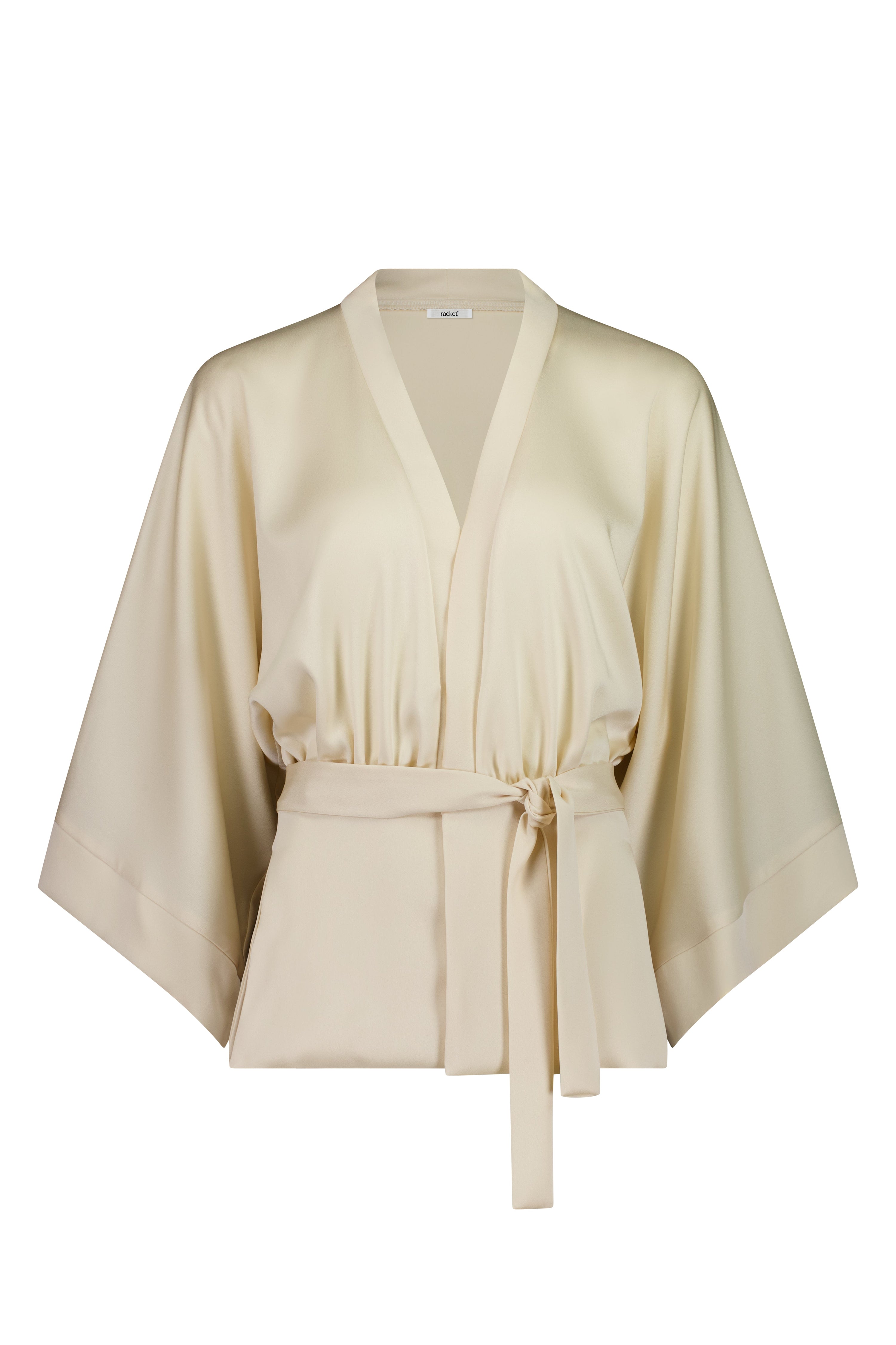 The Zenith Jacket by Racket - a satin jacket with wide sleeves, gathered panel and optional tie. Perfect for events or everyday polish. NZ made.