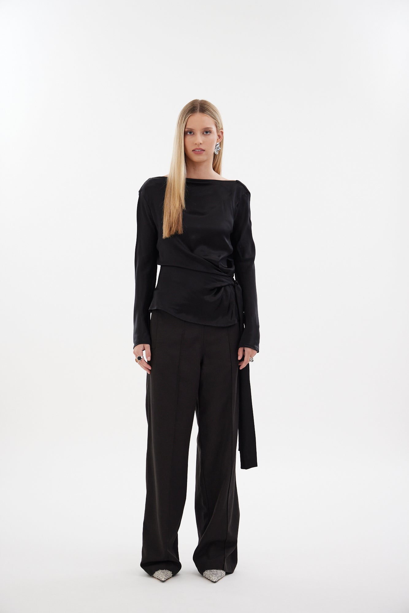 The Zenith Top by Racket - a sculpted cross over top with bias sleeves and adjustable tie. Available in crepe and satin back crepe. NZ made.